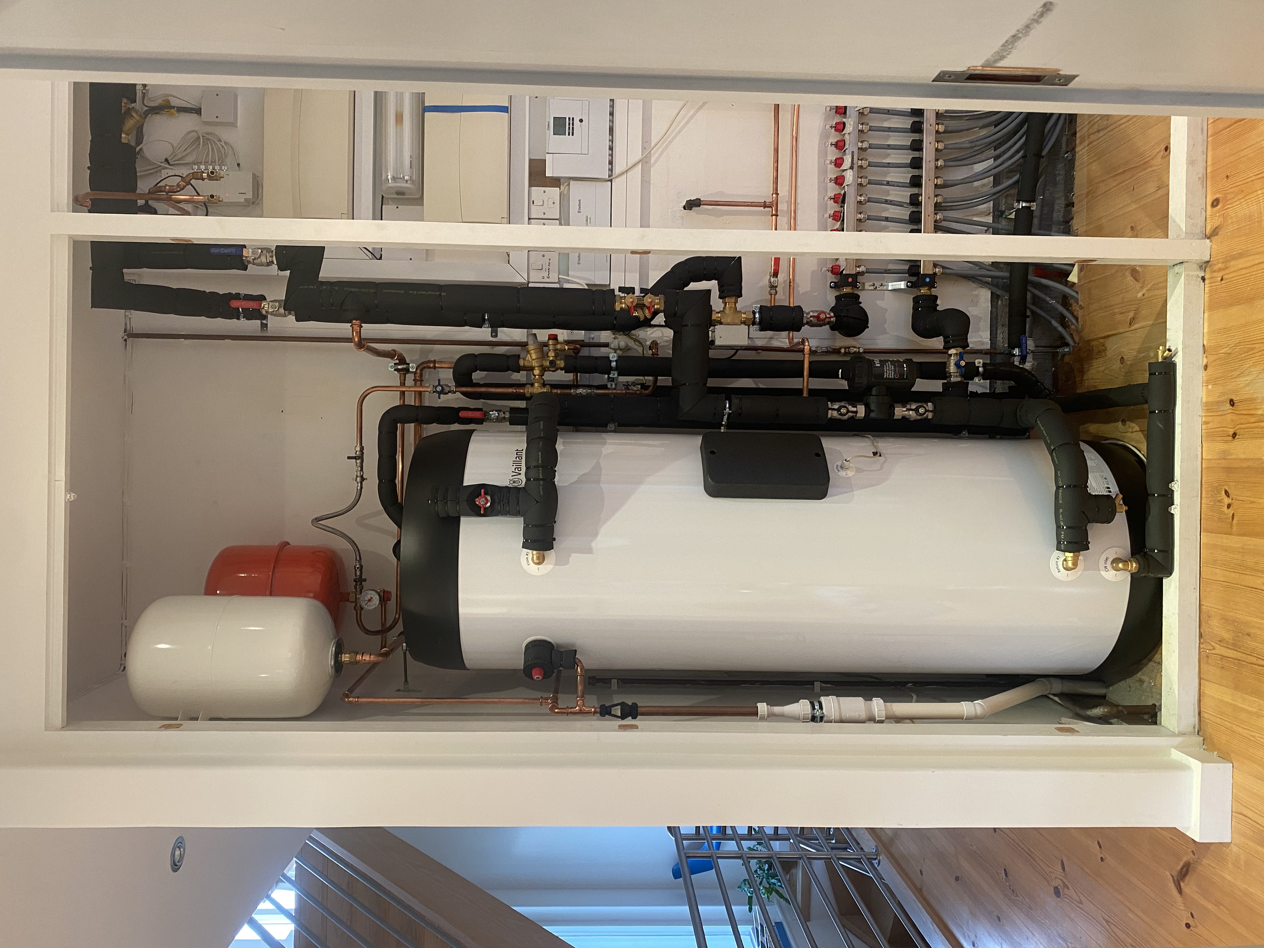 Plant room at Karrek Glas, St Ives. Pure weather compensation control, open-loop, Vaillant aroSTOR along side the aroTHERM plus, and sensoCOMFORT controls.
