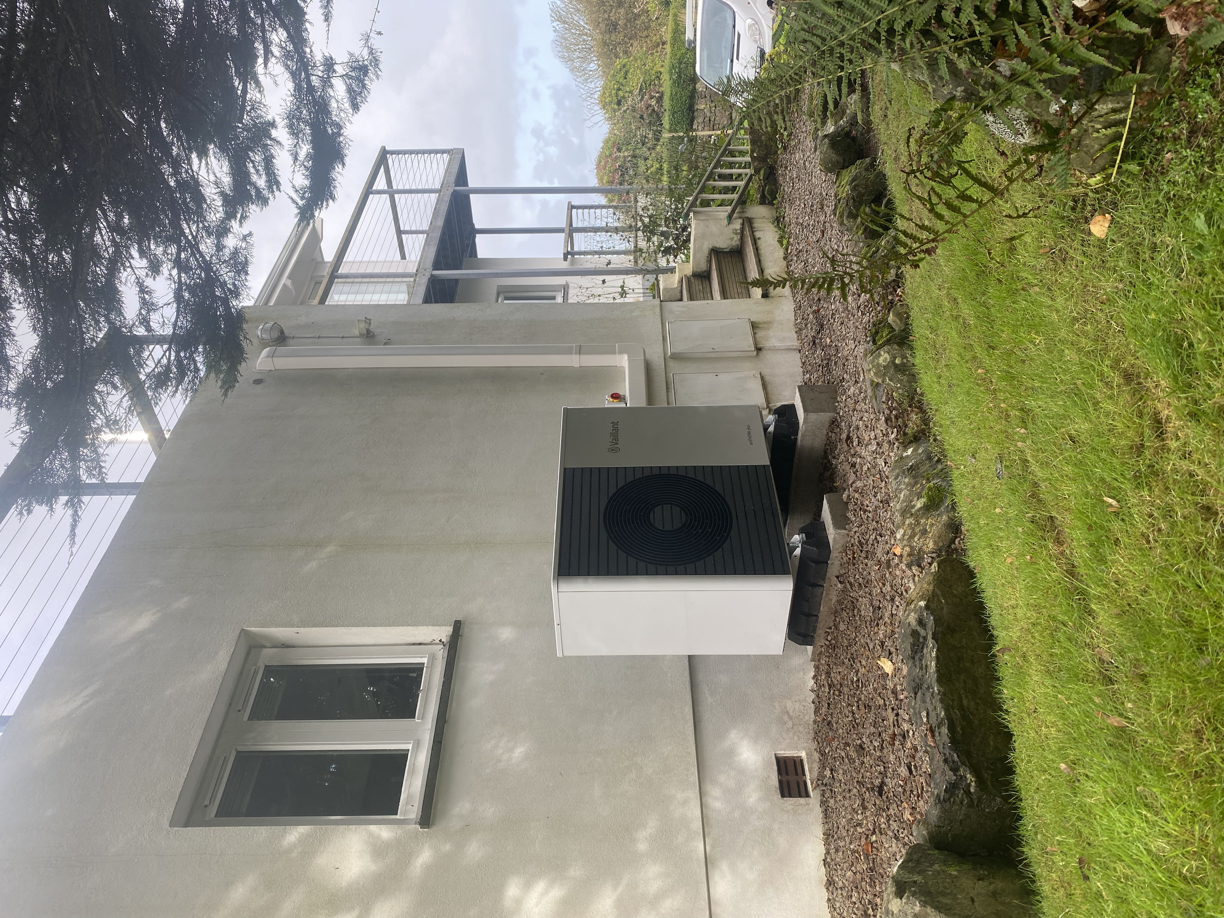 Vaillant aroTHERM plus, air source heat pump installation at Karrek Glas, St Ives. Energy bills reduced, comfort and reliability improved.
