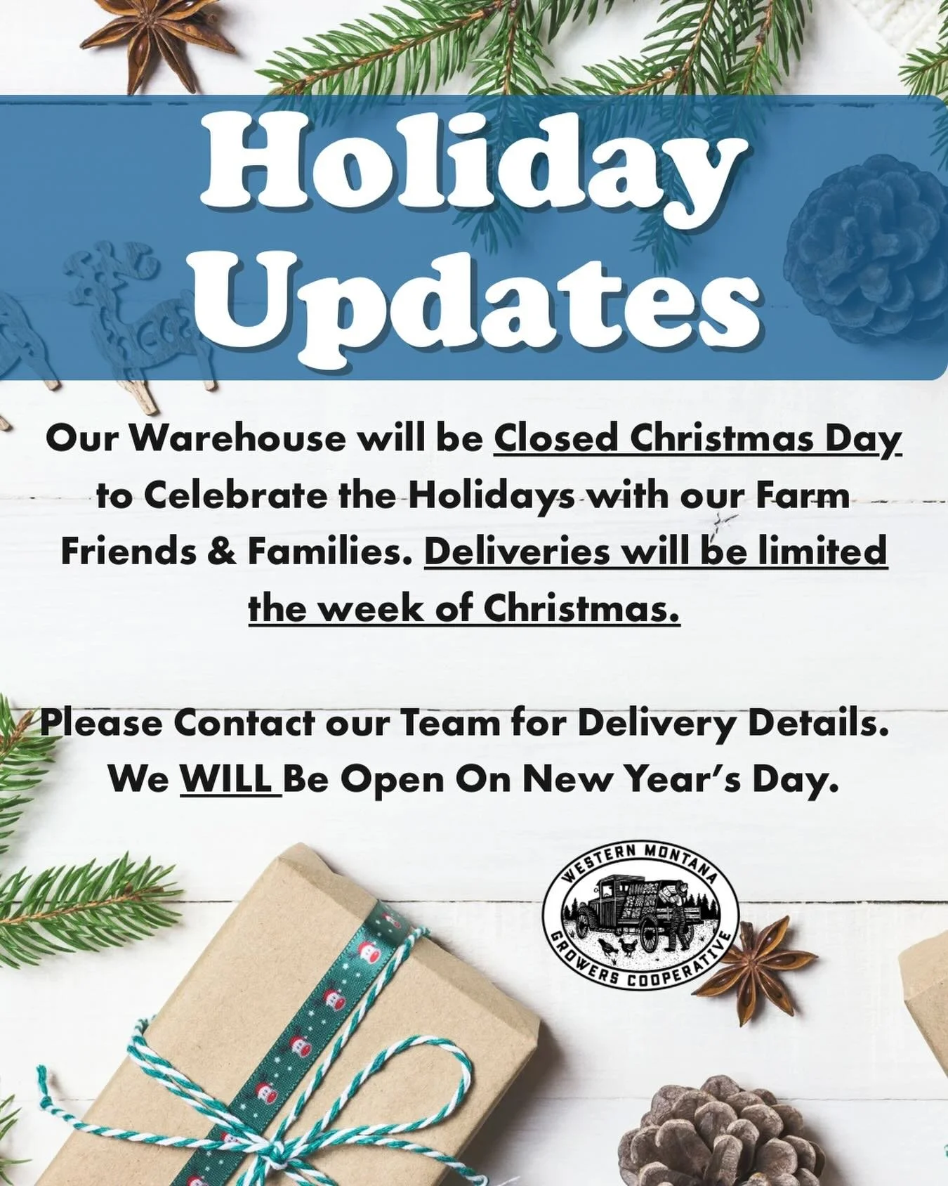 Holiday hours 🌟 
Our schedule is changing a bit for the holidays. See the post for details and reach out to a team member for any questions! 🎄