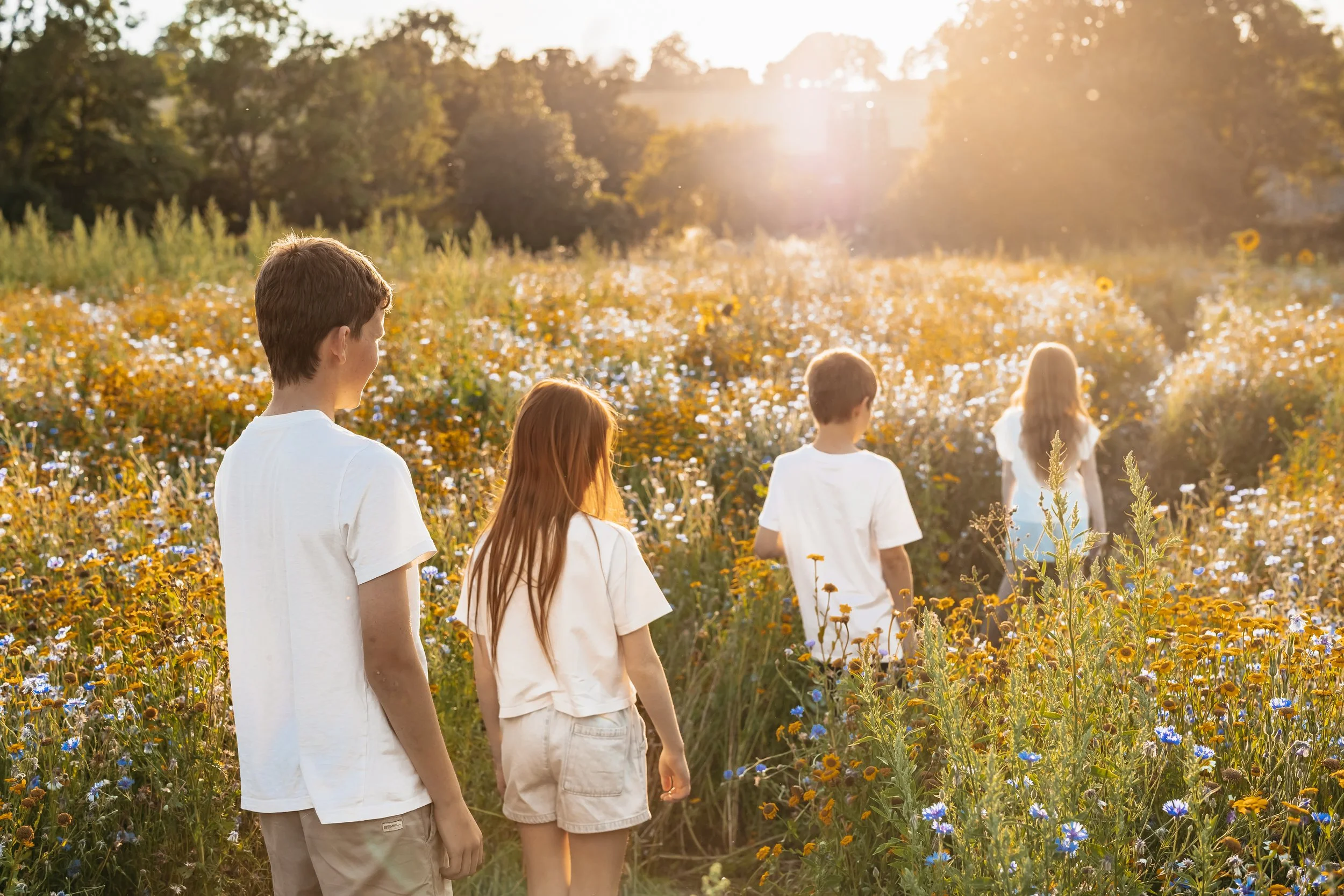 Four children walking through a field of wildflowers during sunset.