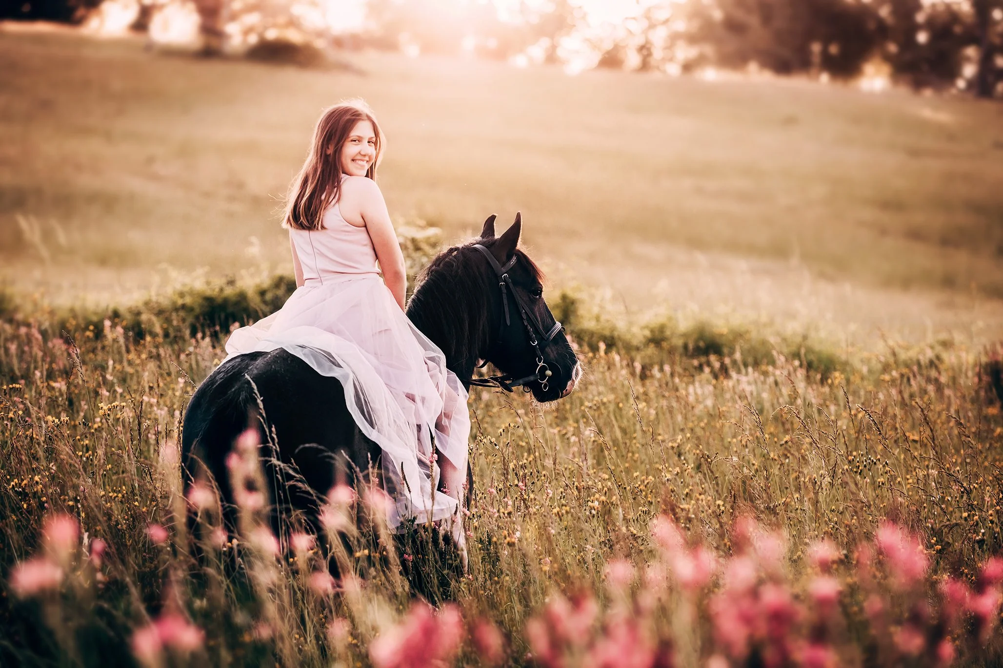 A young girl in a pink dress riding a black horse through a field of flowers at sunset.