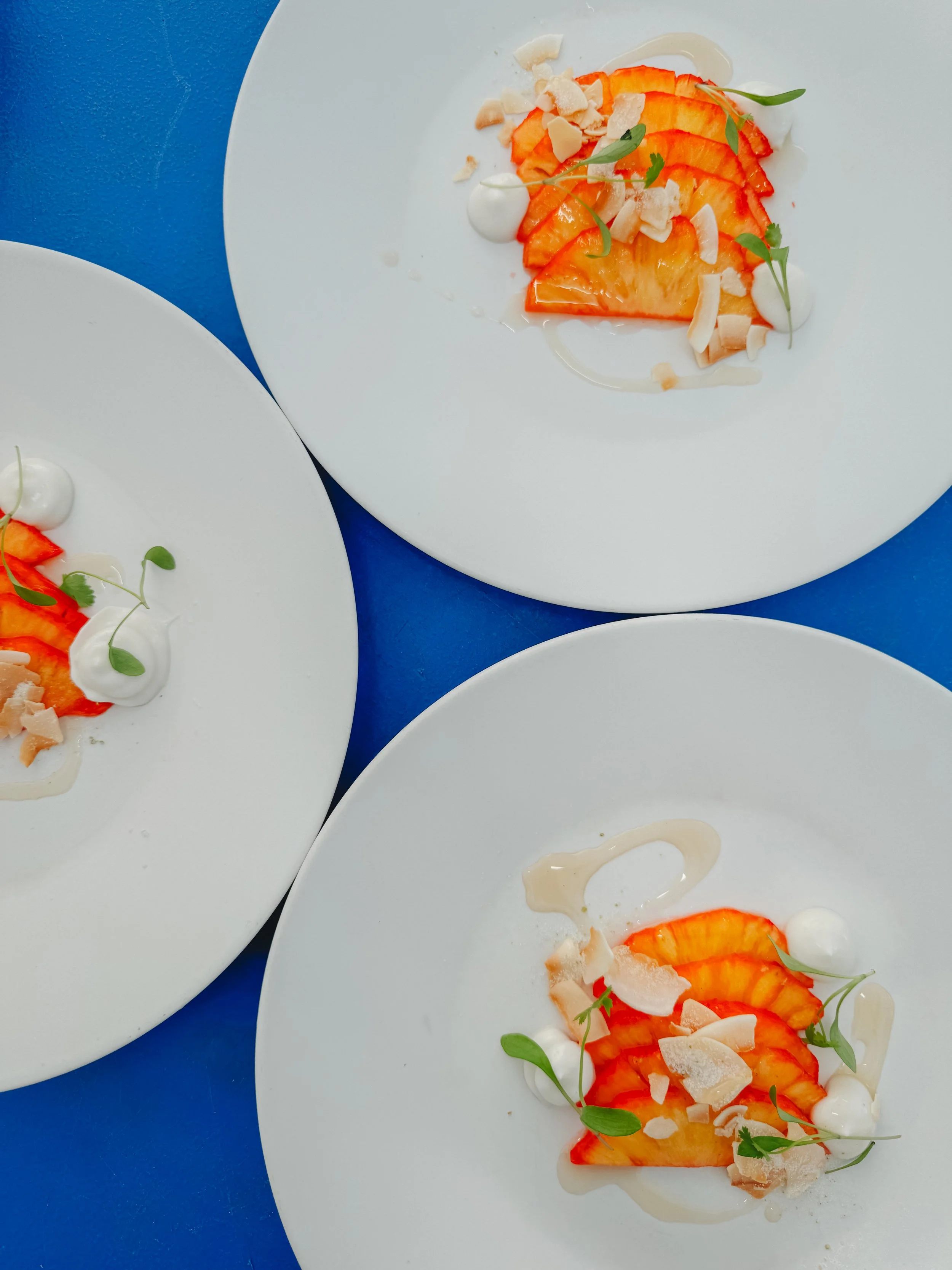 Burghley Horse Trials 2024 - Pineapple Carpaccio, Whipped Coconut, Rum Syrup, Chilli, Lime. 