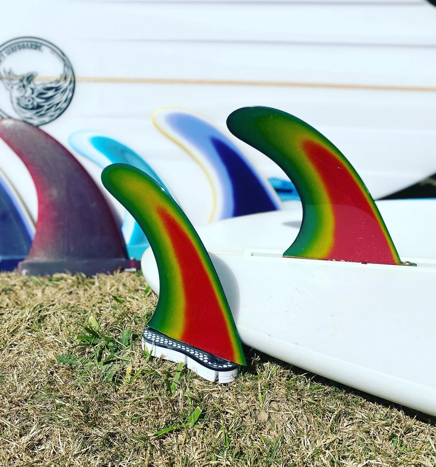 Close-up of colorful surfboard fins in grass, with a white surfboard in the background.