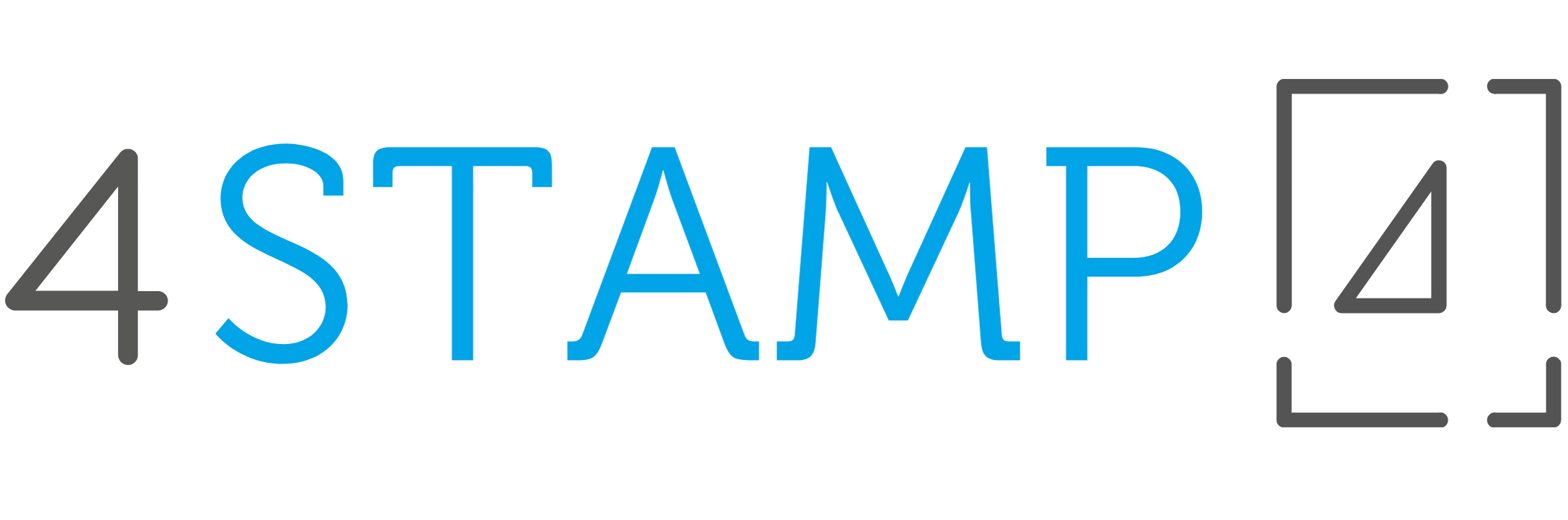 Logo with the word '4Stamp' in blue and black text, with black and grey camera outline elements.