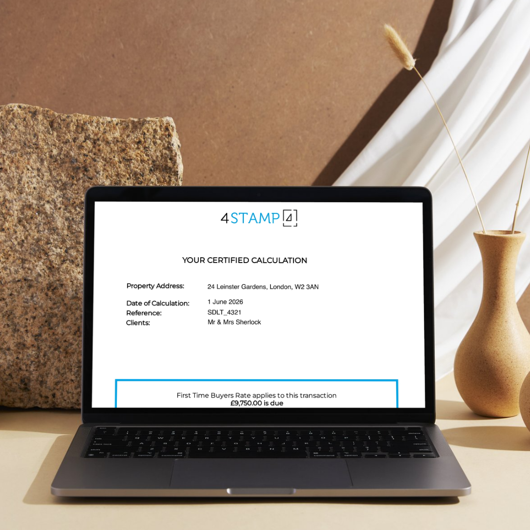 Laptop on a beige desk displaying a document titled 'YOUR CERTIFIED CALCULATION' from 4STAMP.