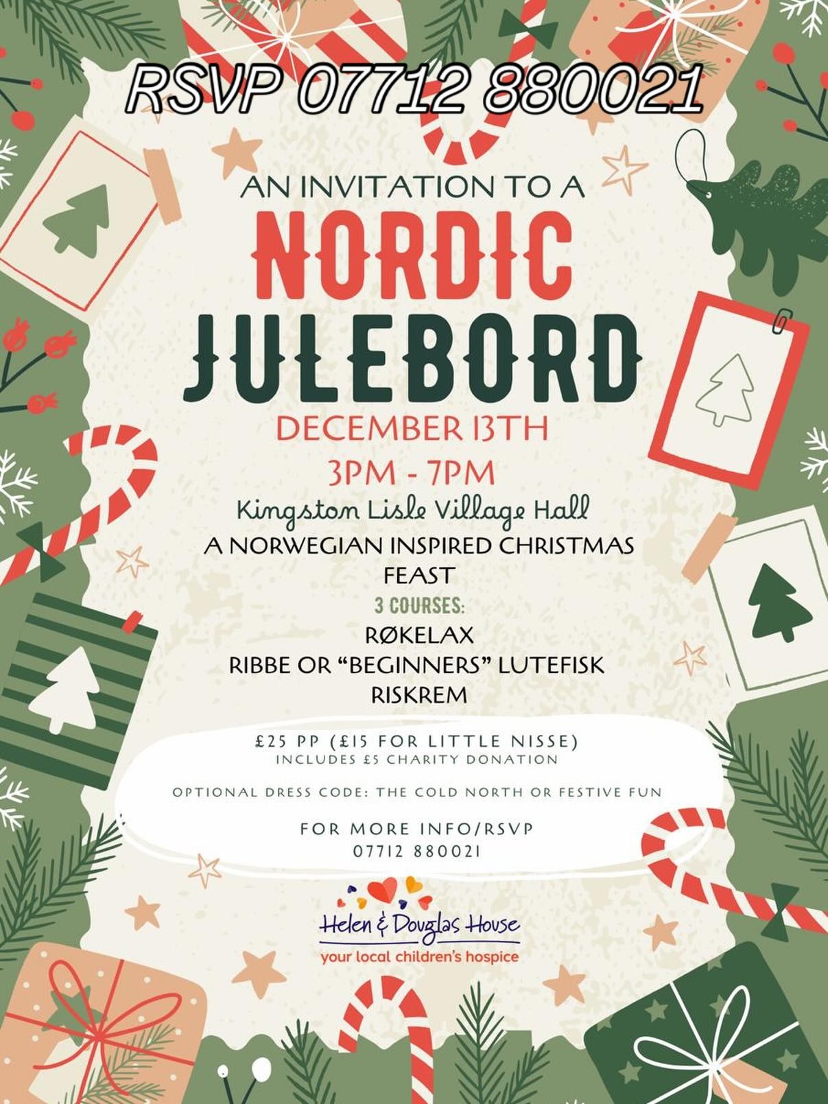 We are hosting a Nordic themed Christmas lunch raising some much needed funds for Helen and Douglas House, a local children&rsquo;s hospice 

If you would like a ticket please rsvp to 07712 880021 

🎄Merry Christmas/God Jul 💚