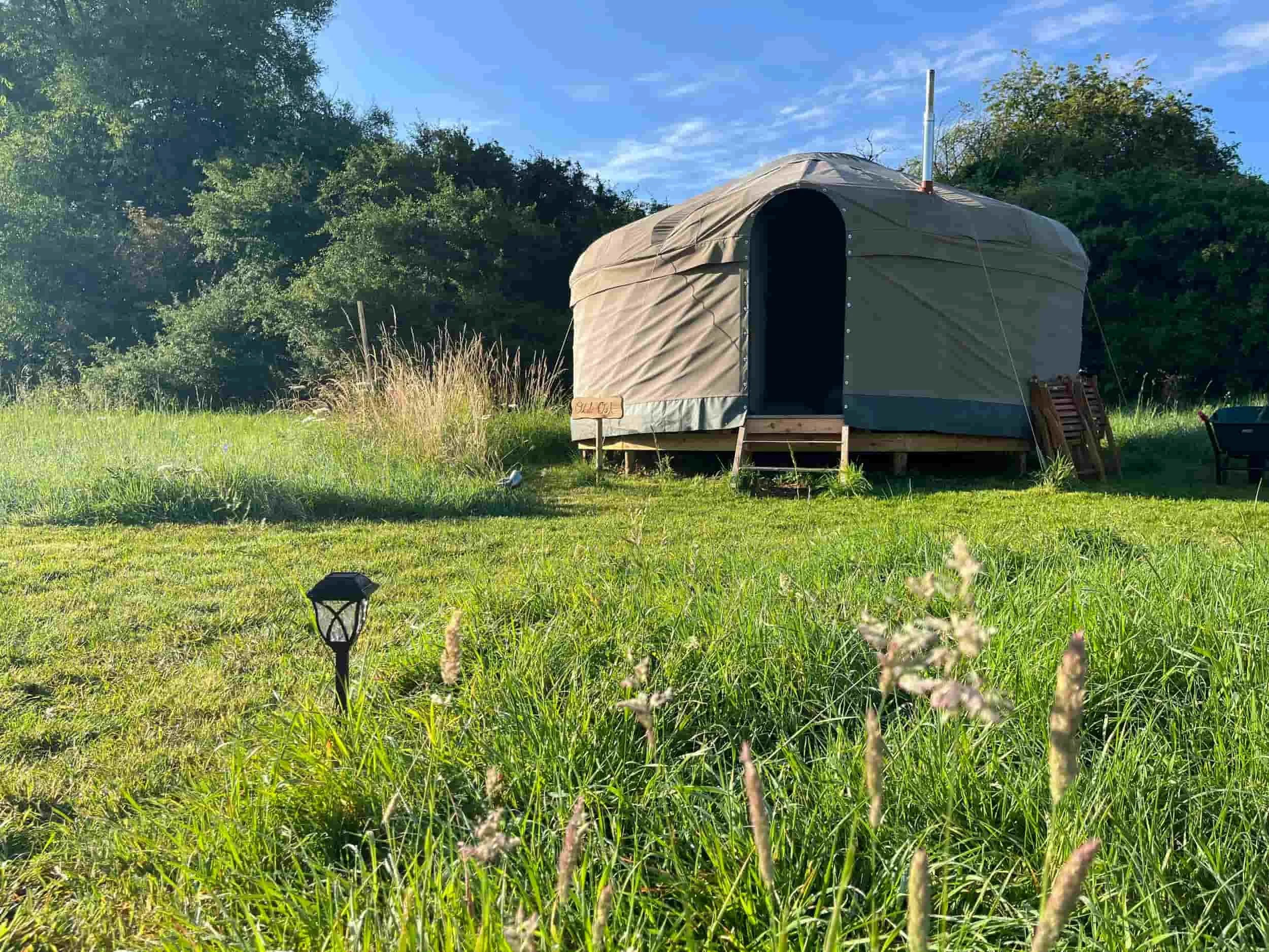 Oak yurt at golden hour, solar path light in the foreground, ancient hedgerow behind, Botswicky Wiltshire