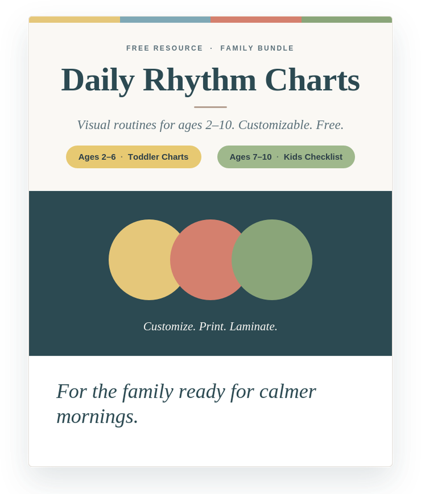 Screenshot of a website offering free daily rhythm charts for children ages 2-10, with options for toddler charts for ages 2-6 and kids checklists for ages 7-10, featuring a color palette and design instructions.