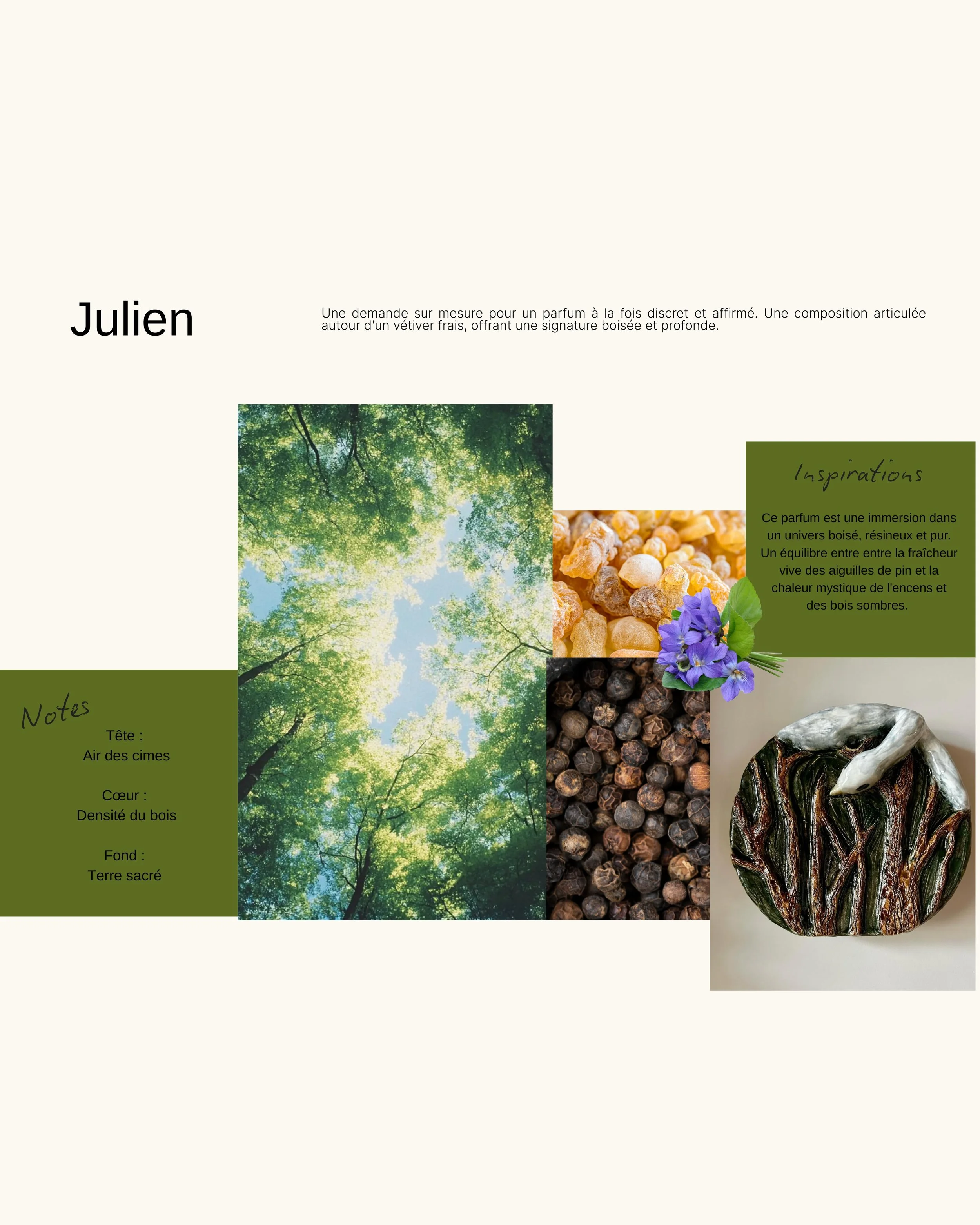 une immersion dans un univers boisé, résineux et pur. Un équilibre entre entre la fraîcheur vive des aiguilles de pin et la chaleur mystique de l'encens et des bois sombres.