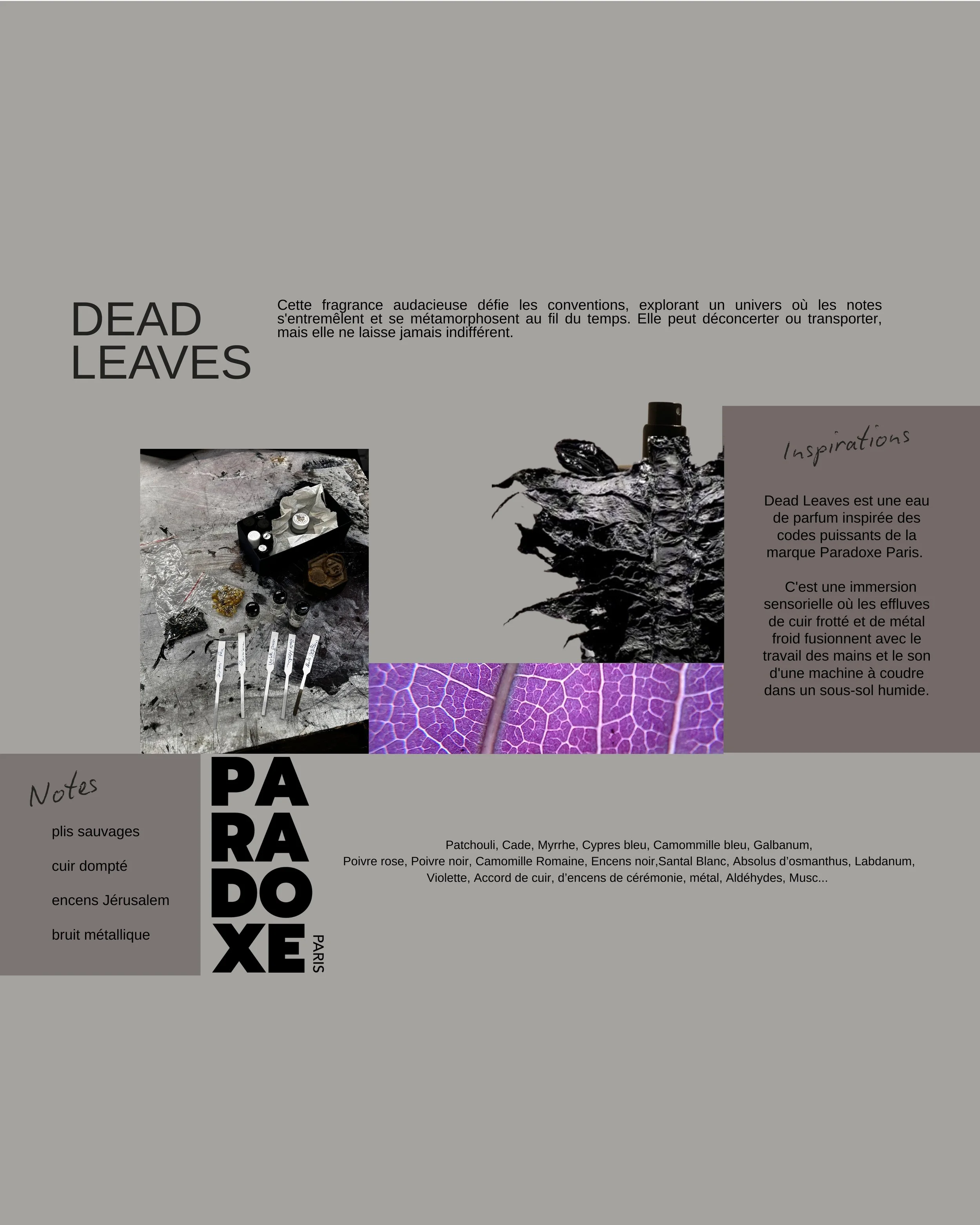 Dead Leaves est un parfum inspiré des codes puissants de la marque Paradoxe Paris. C'est une immersion sensorielle forte où les effluves de cuir frotté et de métal froid fusionnent avec le travail des mains et le son d'une machine a coudre.