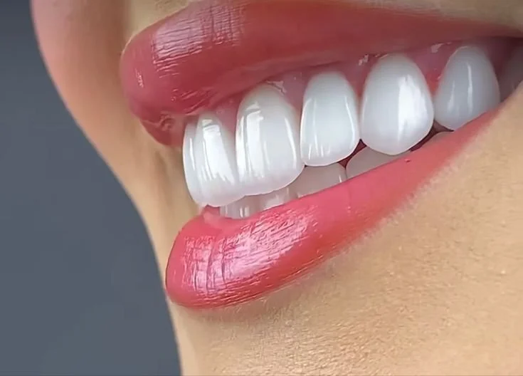 Close-up of a person smiling with bright white teeth and red lipstick.