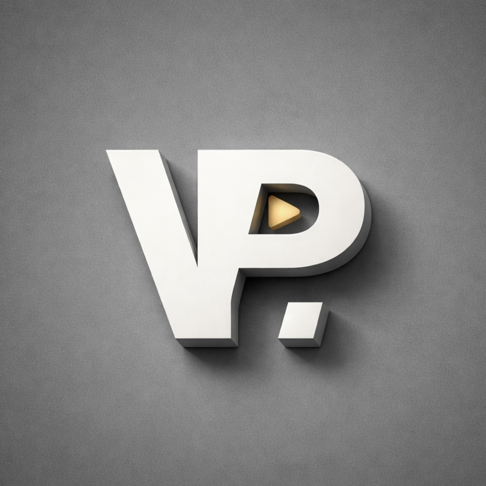 Een 3D-tekst 'VP?' op een grijze achtergrond, met een klein geel filmknopje binnen de letter 'P'.
