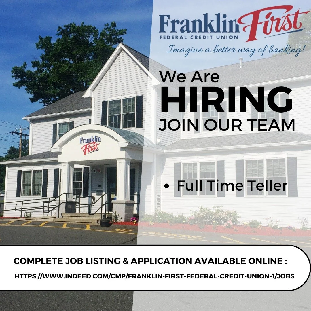 We're hiring, join our team!

Current available position:

Full Time Teller

For complete details and to apply - visit: https://www.indeed.com/cmp/Franklin-First-Federal-Credit-Union-1/jobs 

Franklin First is this years Franklin Favorite winner in t