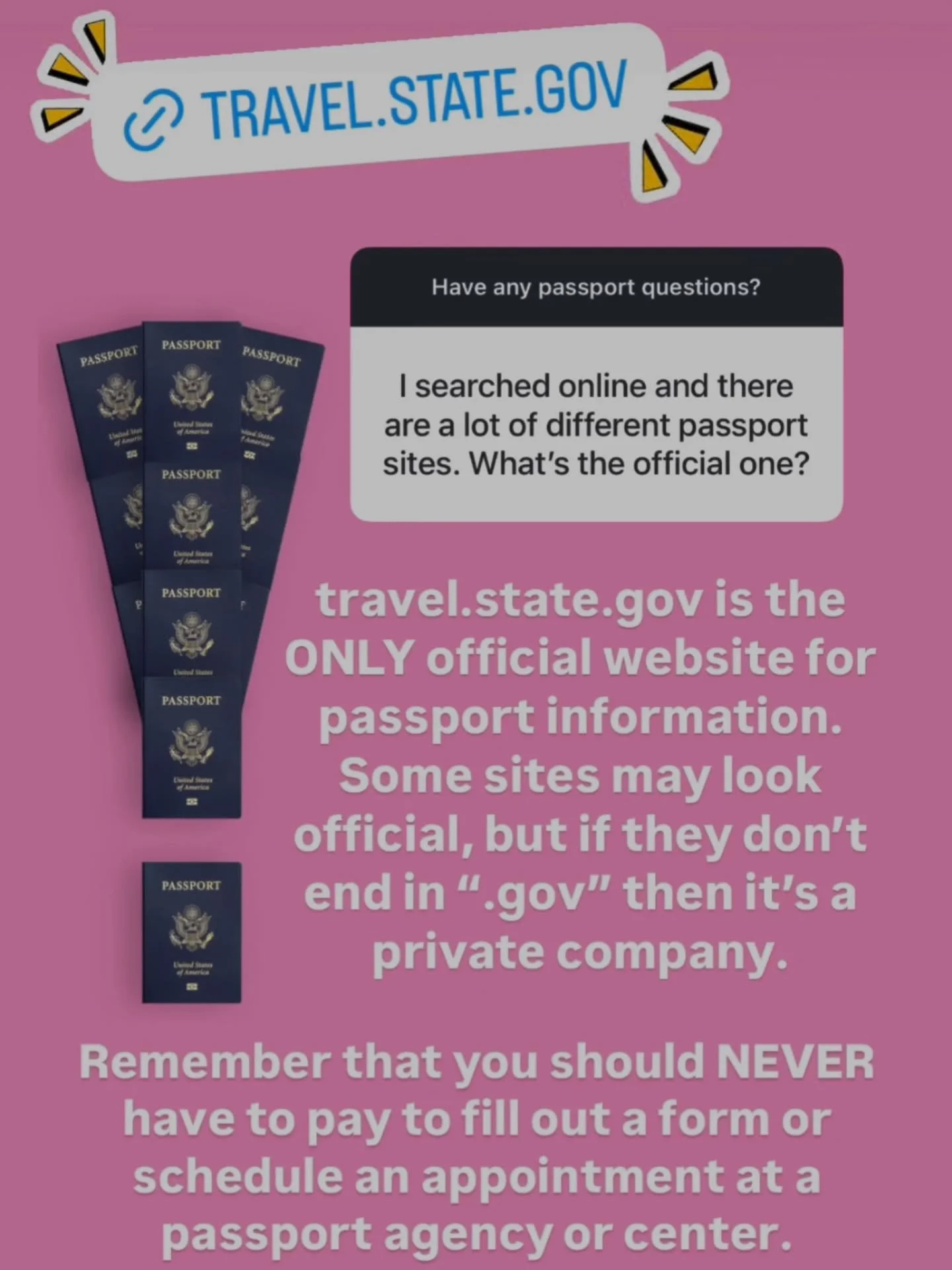 SCAM ALERT ‼️ We want to pass along this pro tip from @travelgov because some of those fake passport sites look super legit.
The only site to use when applying for a US Passport is travel.state.gov .
Do not give your personal information or payment t