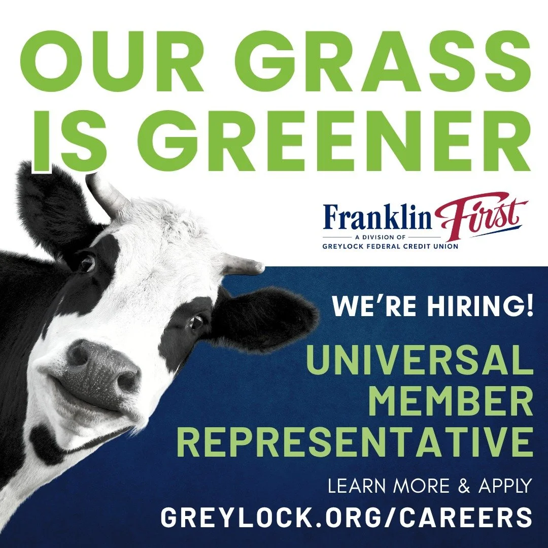 We're Hiring!

Universal Member Representative | Full Time | In-Office | Greenfield, MA

This role will carry out Member Service responsibilities, and a combination of financial transactions.

For a complete job description, and to apply online visit