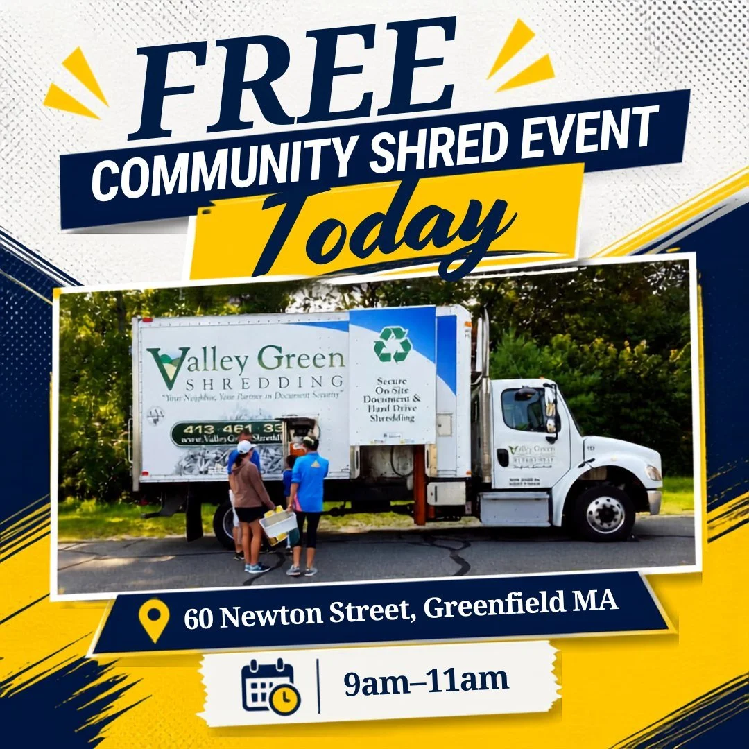 Today's the Day! 

Our Annual Shred Event is today 🎉

📍60 Newton Street, Greenfield MA
🕘9am-11am

Limited to Franklin County, MA residents , membership is not required.

We'll see you there!