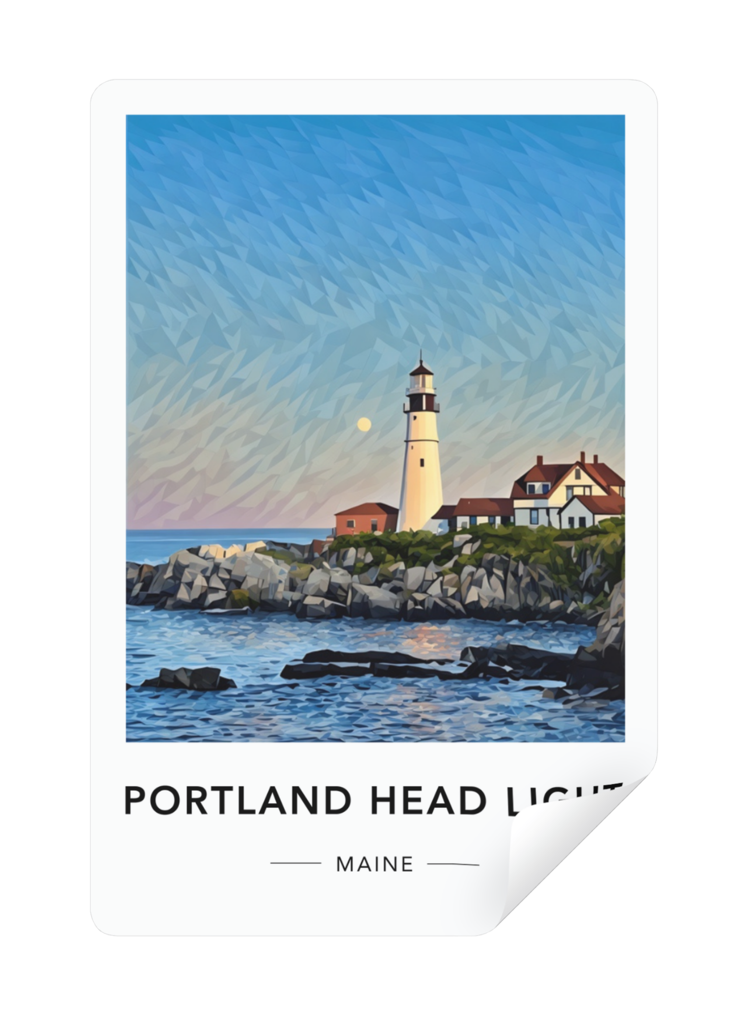 Illustration of a lighthouse by the ocean under a sky with a visible moon, labeled 'Portland Head Light, Maine'.