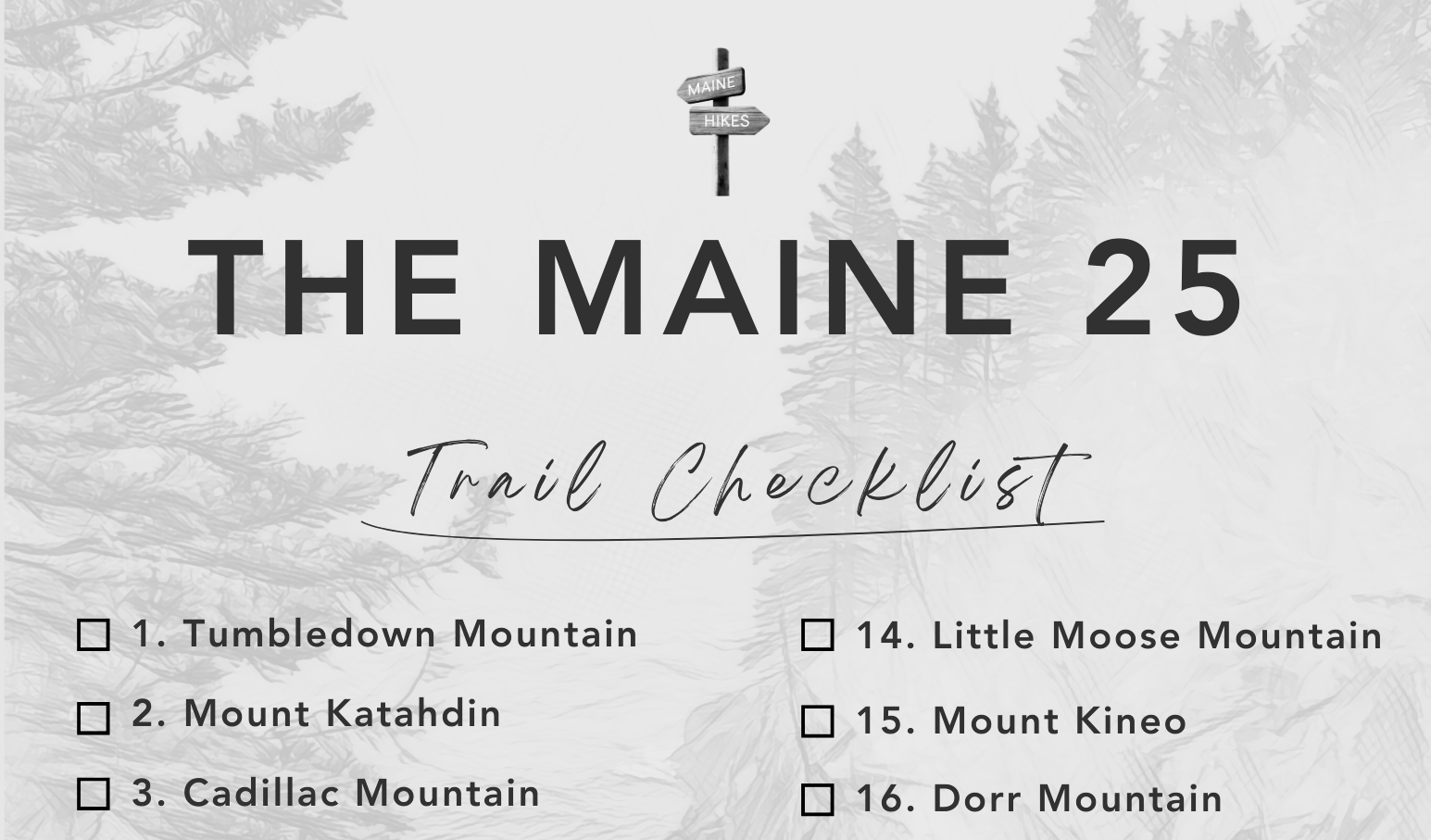 Trail checklist sheet titled 'The Maine 25' with a background of a nature scene and a signpost indicating 'Maine' and 'Hikes' at the top. It lists 16 mountain names with checkboxes beside each.