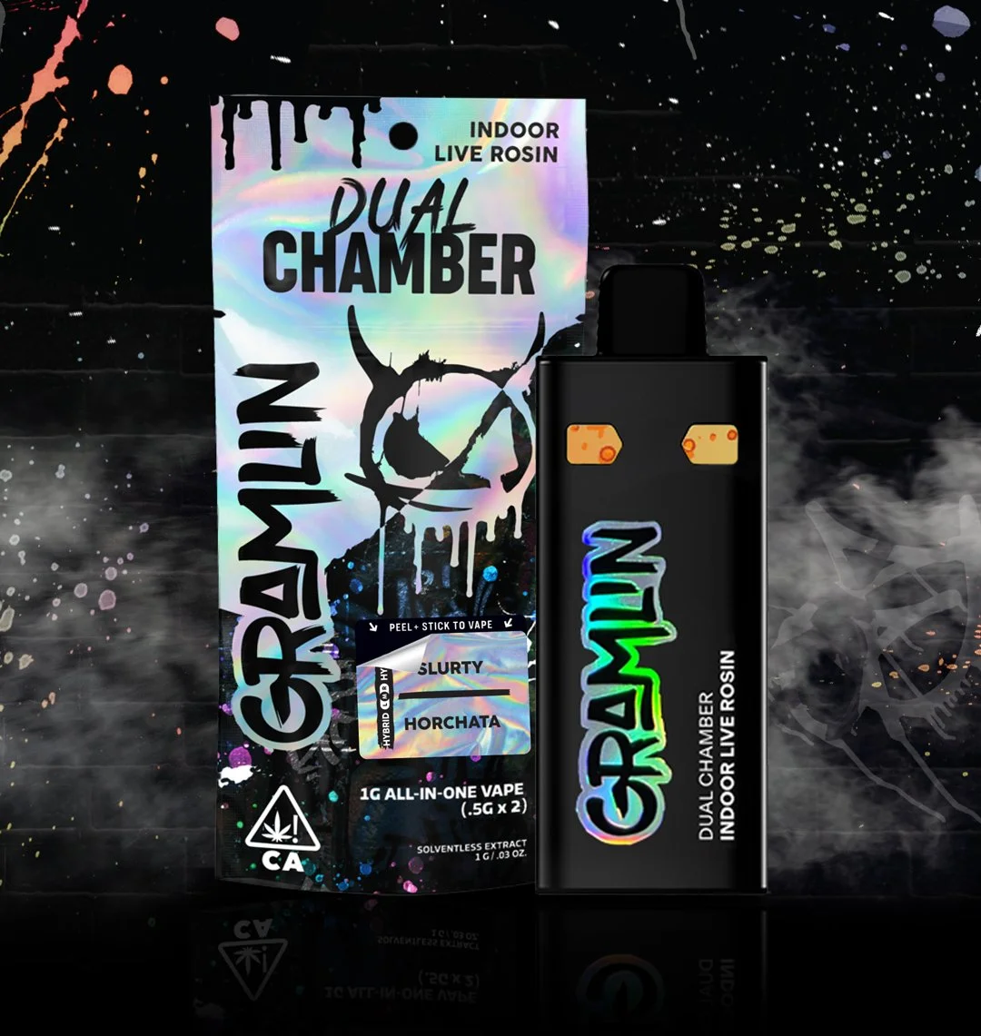 Dual chamber vape product and packaging with colorful graphics, labeled "GRAMLIN Indoor Live Rosin," featuring flavors "Slurty" and "Horchata."