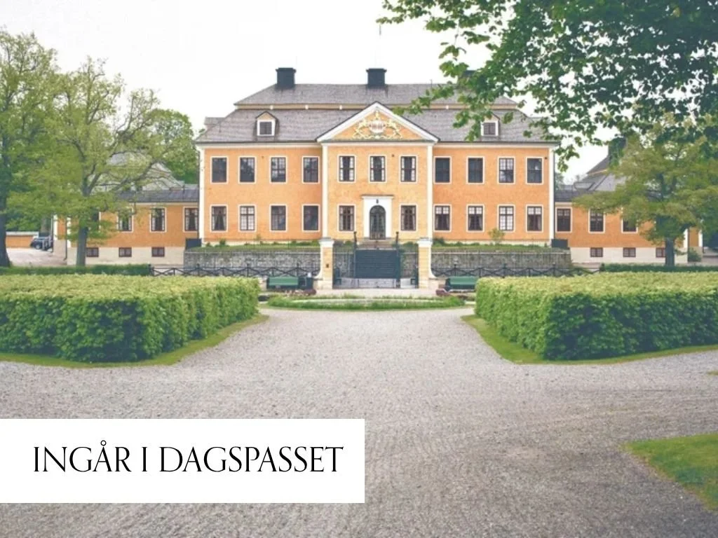 Ett stort, gult slottliknande hus omgivet av gröna träd och buskar, med en grusad uppfart framför.