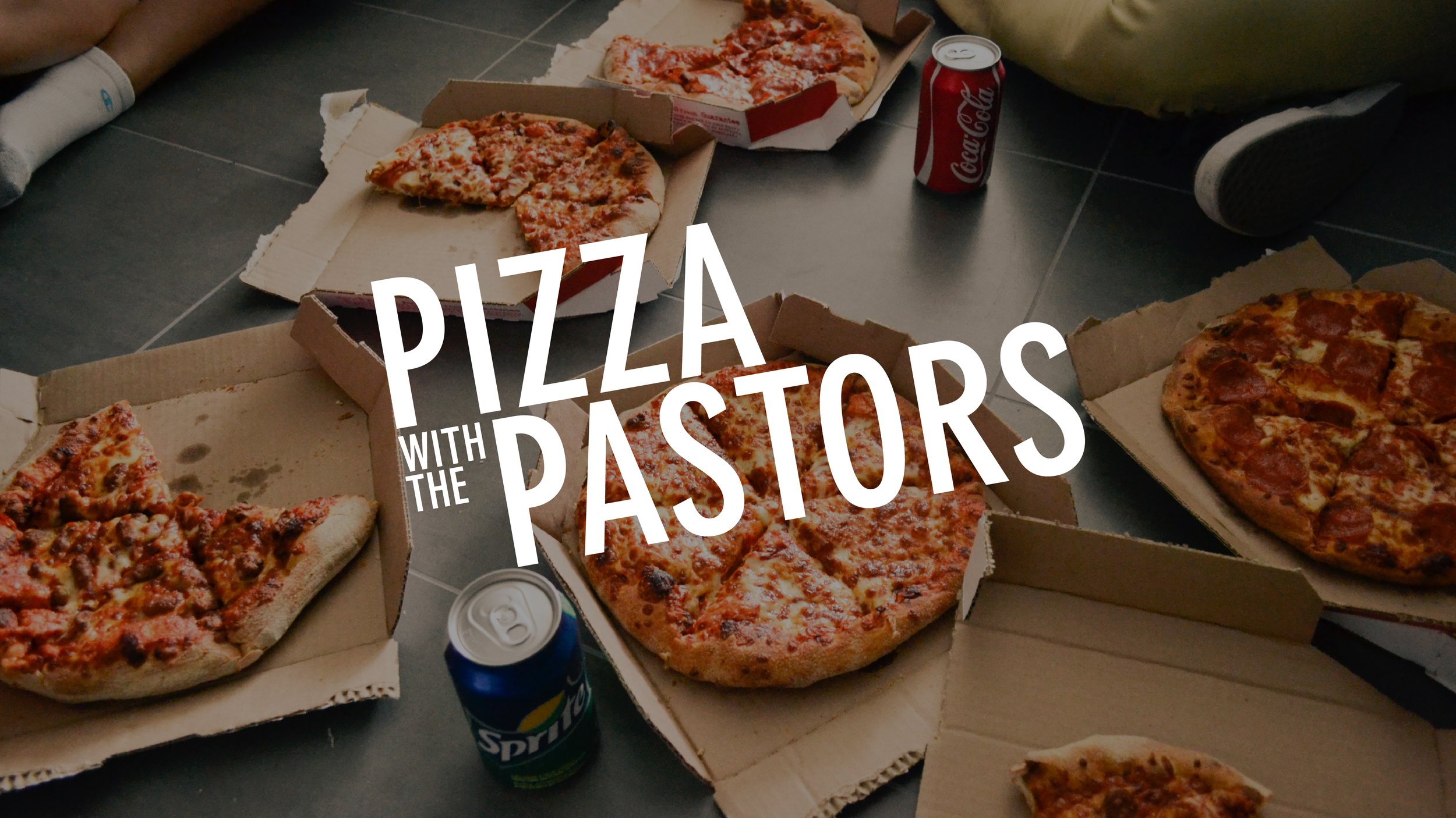 Pizzas with the text Pizza with the Pastors