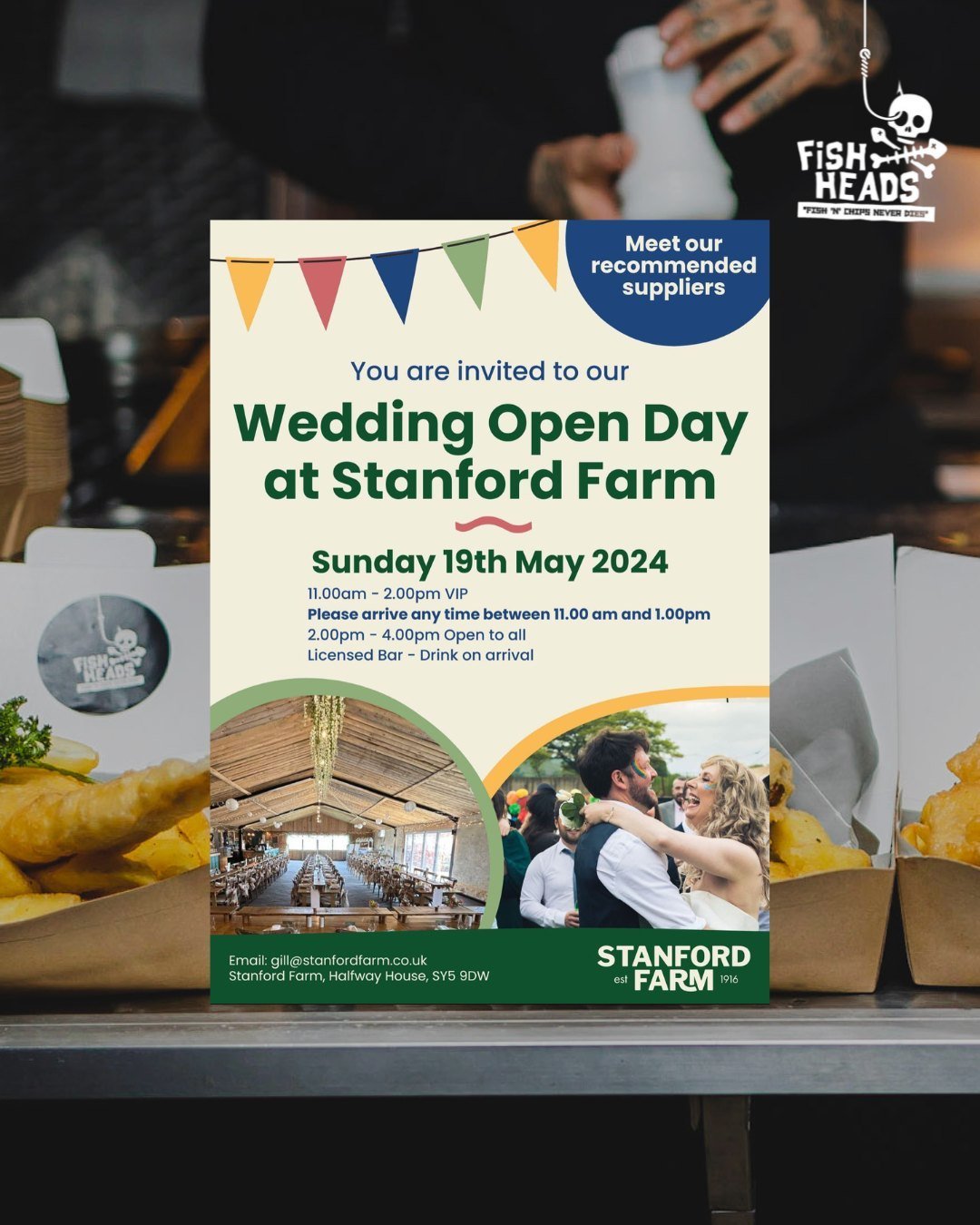Sunday 19th May, see you at Stanford Farm! 💍🏴&zwj;☠️

That's right, we will be popping up at the wedding open day at Stanford Farm, and we are looking forward to meeting all of you there and whipping up some fish &amp; chips for you to try!

Who's 