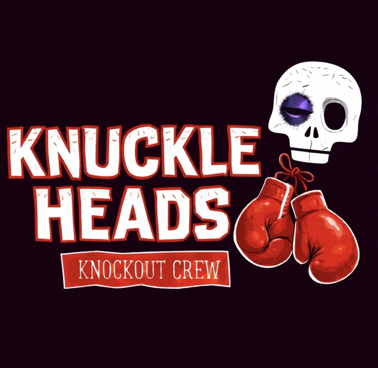 A promotional graphic for a boxing or fight-themed event called "Knuckle Heads" by Knockout Crew, featuring a cartoon skeleton wearing red boxing gloves, with a purple eye shadow and a black eye patch, set against a dark background.