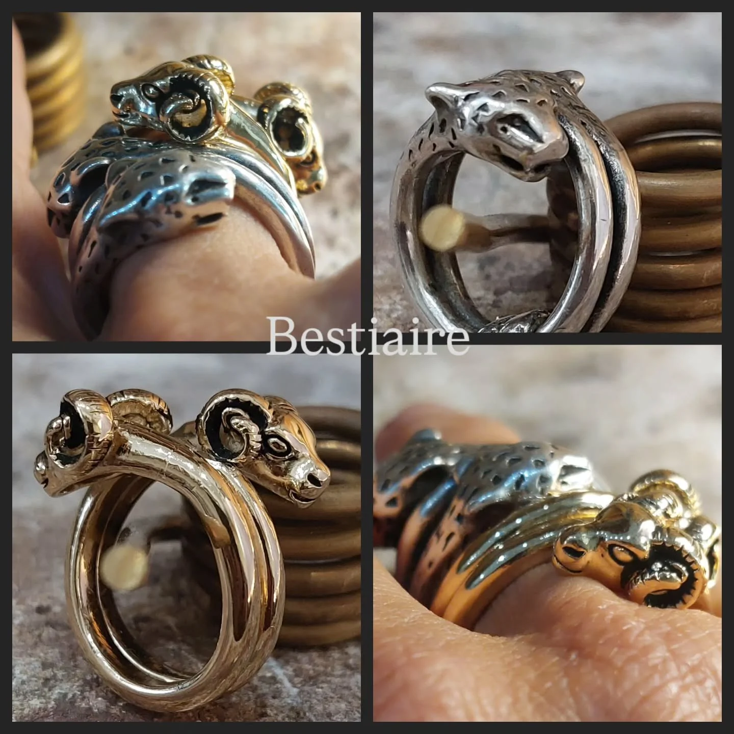 Argent vieilli ou plaqu&eacute; or p&acirc;le patin&eacute;,  voil&agrave; mes bagues bestiaire !
Elles sont r&eacute;alis&eacute;e &agrave; partir d'un bracelet jonc existant, retravaill&eacute;. 
Je vais les produire en 3 tailles dans chaque couleu