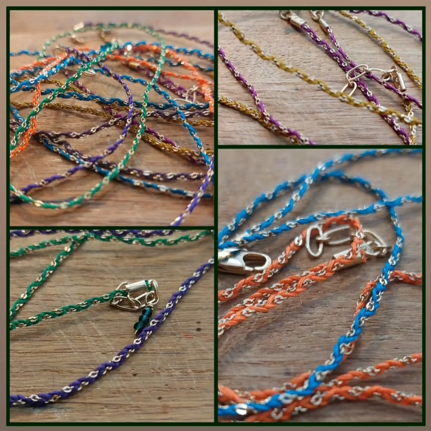 Pour compl&eacute;ter la gamme des bracelets : ici,  cha&icirc;ne fine plaqu&eacute;e or tress&eacute;e avec des cordons de couleur.
Un ou deux tours, 35 ou 55 euros.
Bient&ocirc;t en colliers ras de cou, je dois juste trouver les jolis petits &eacut