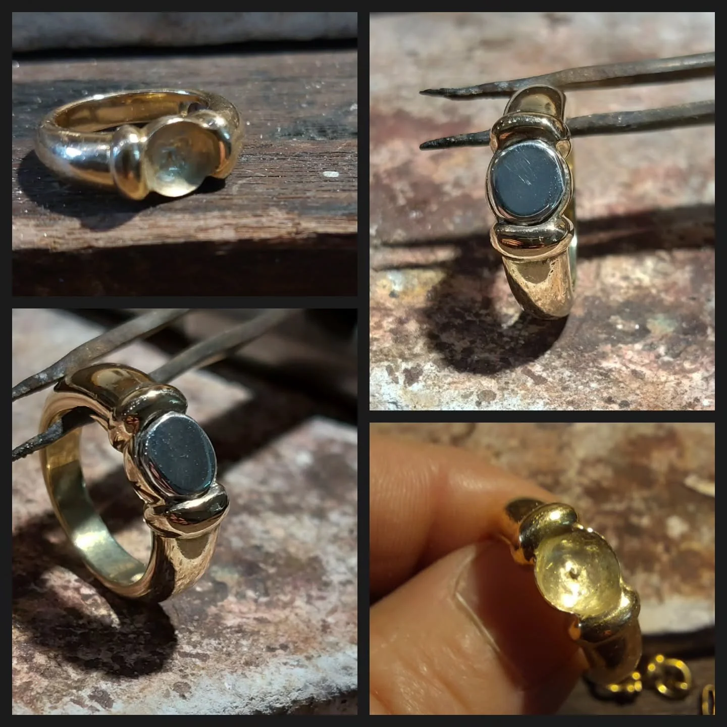 Cette bague en or a perdu sa perle
Il a &eacute;t&eacute; convenu de la remplacer par un cabochon d'argent 925 que j'ai taill&eacute;,  poli, et soud&eacute; dans la coupelle qui accueillait la perle