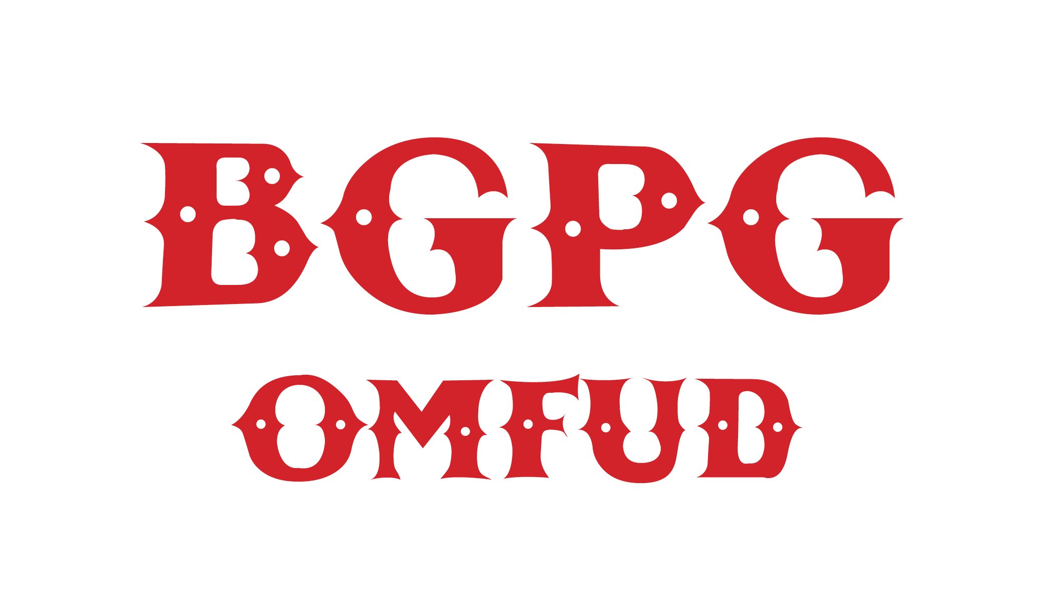 Red stylized text that reads "BGP" on top and "OMFUD" on the bottom with decorative dots in the letters, all on a white background.