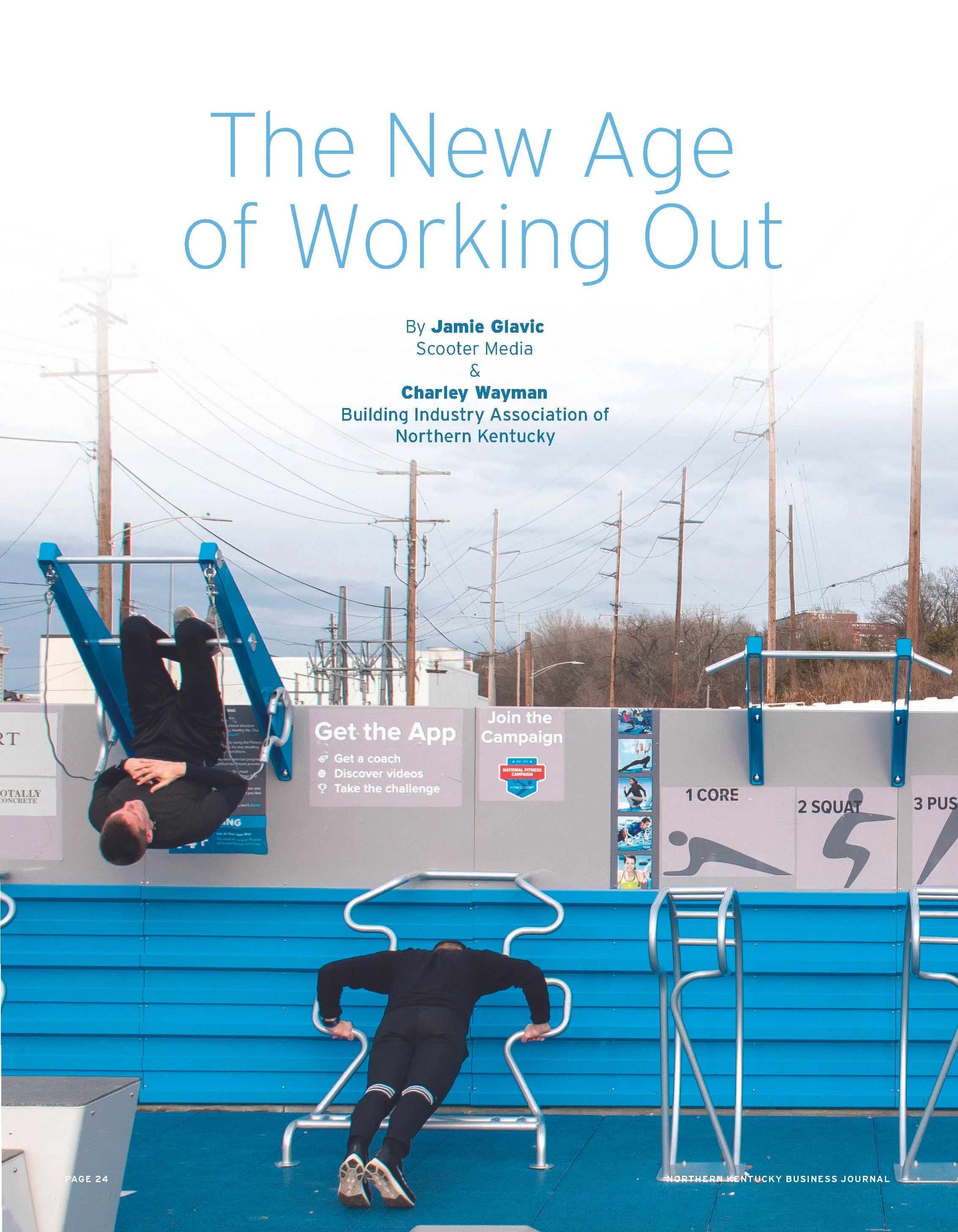 Cover of magazine titled 'The New Age of Working Out' featuring people exercising on outdoor gym equipment with utility poles and cloudy sky in the background.