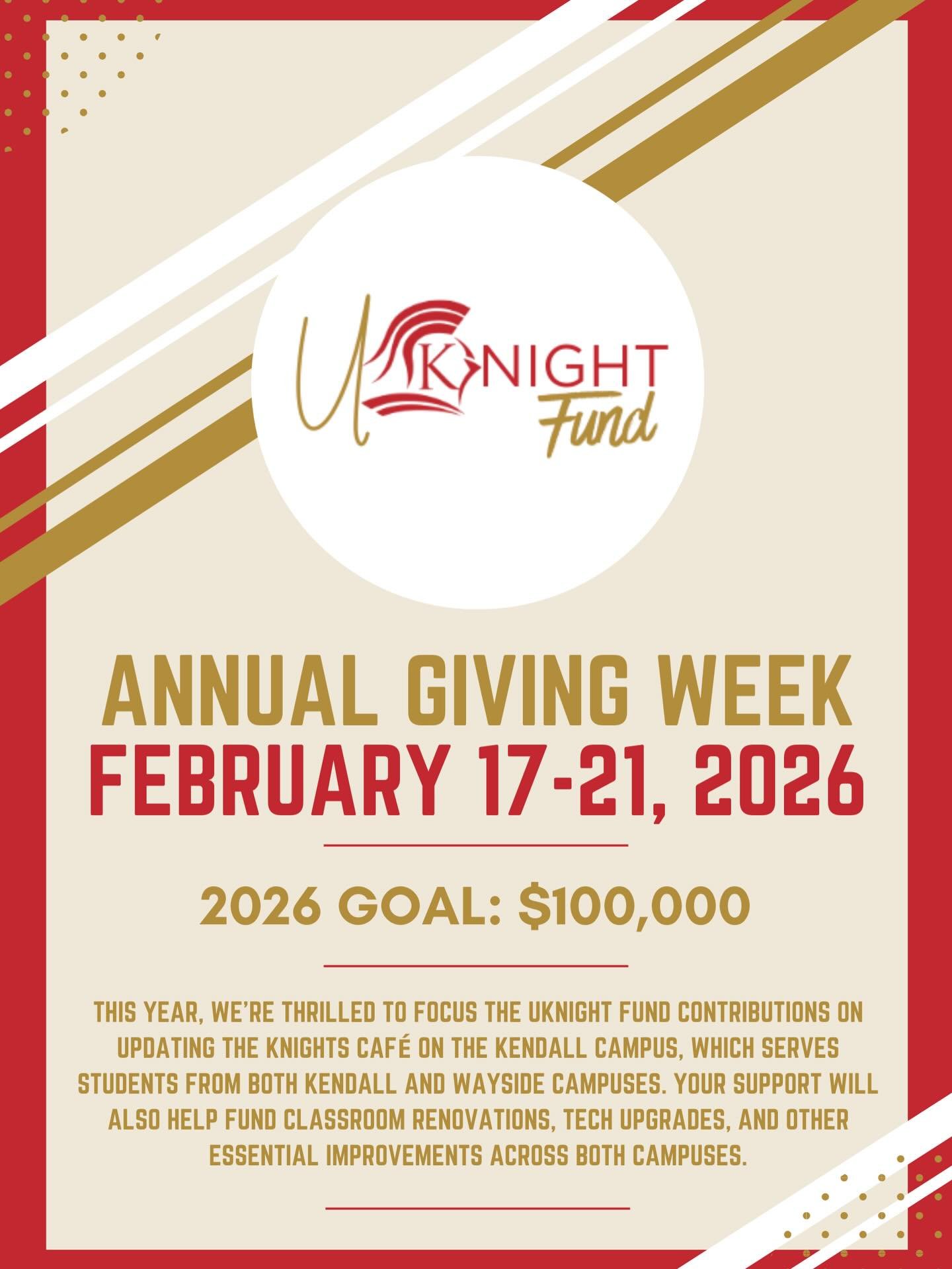 ❤️💛 UKnight Fund Annual Giving Week Starts TODAY! 💛❤️

We&rsquo;re on a mission to surpass our $100,000 goal &mdash; and we need our KCS family to make it happen!

This year, UKnight Fund gifts will directly impact both our Kendall and Wayside camp