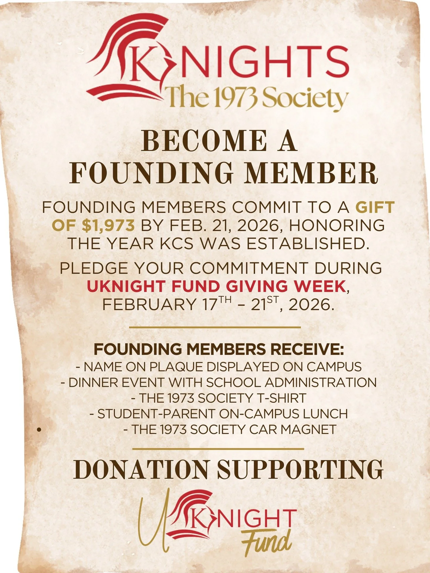 ❤️ THE 1973 SOCIETY ❤️

We&rsquo;re thrilled to share that Annual Giving Week has been gaining great success this week! And we still have TODAY and TOMORROW to pledge your support! 

🎉 46 families and KCS supporters have already joined as Founding M