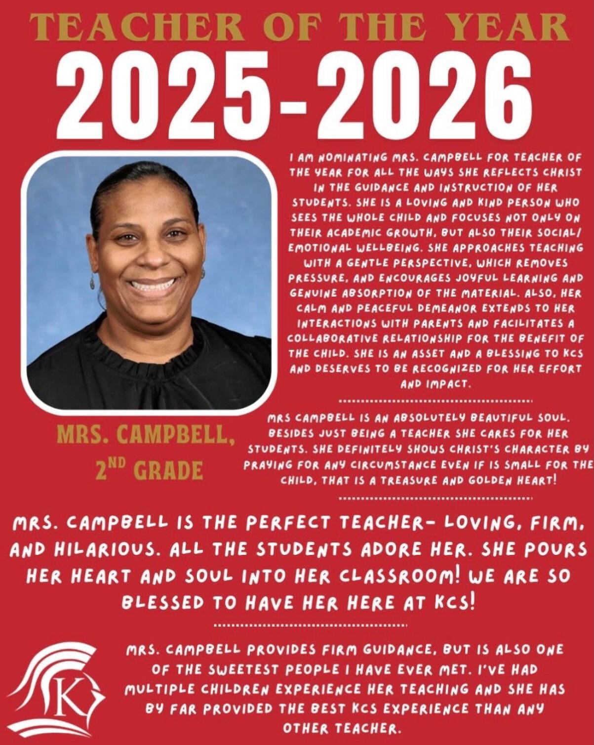 🍎✨ Teacher of the Year Spotlight: Mrs. Campbell, 2nd Grade! ✨🍎

Please join us in celebrating our 2025&ndash;2026 Teacher of the Year, Mrs. Campbell! 

With decades of teaching experience, Mrs. Campbell exemplifies what Christian education is all a