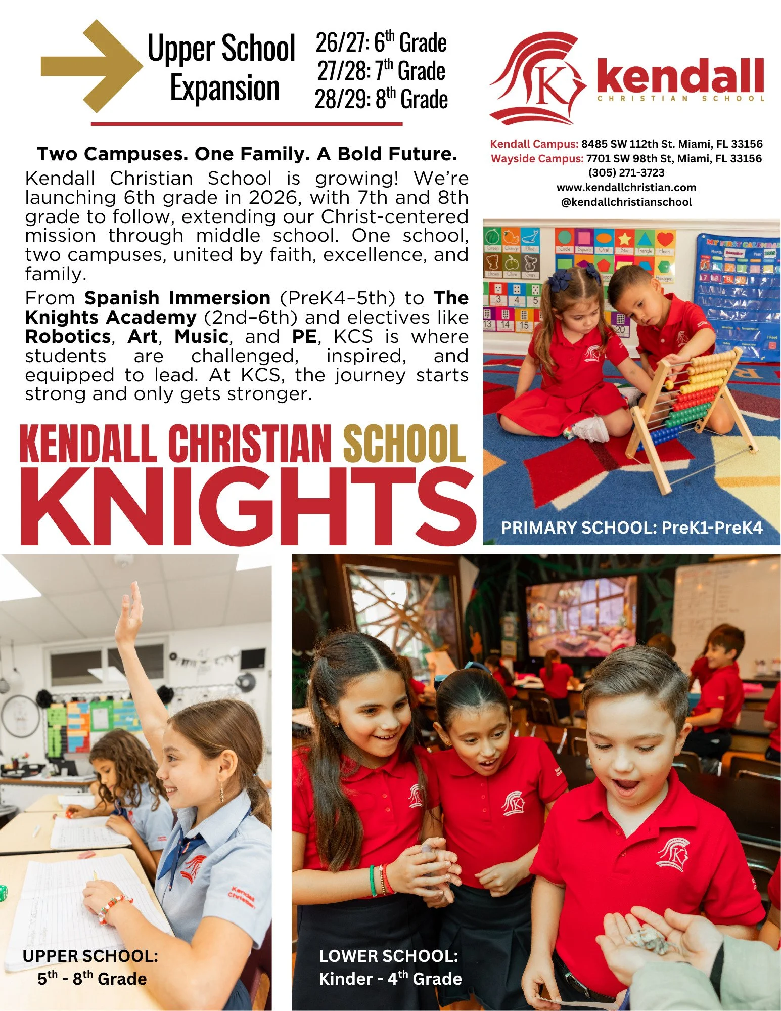 ✨ Two Campuses. One Family. A Bold Future. ✨

The future is growing at Kendall Christian School! 

We&rsquo;re excited to welcome our first 6th Grade class in August, followed by 7th Grade in 2027 and 8th Grade in 2028. 

From our nurturing Primary S