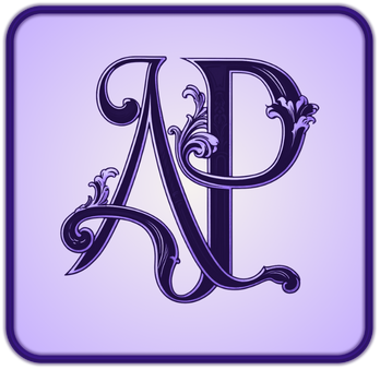 Decorative purple monogram with the letters A and P intertwined, featuring ornate floral accents