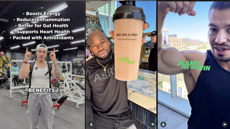 A collage of three images showing people in a gym and outdoor setting, promoting a plant-based health supplement. The first image lists benefits such as boosting energy, reducing inflammation, improving gut and heart health, and antioxidants. The second image features a man holding a smoothie labeled 'Bro on a Ped' and wearing a black shirt with 'Plants' branding. The third image shows a man flexing his arm with the text 'Plants for the Win' in green.