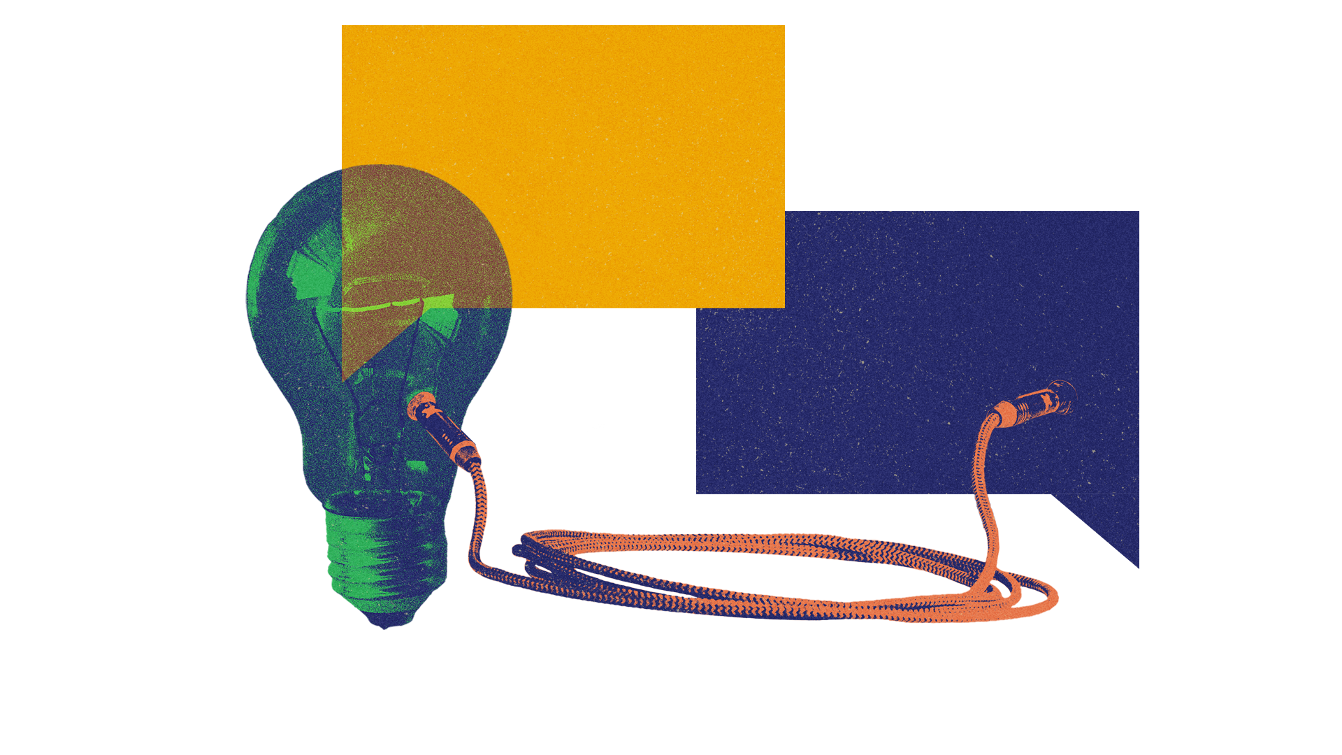 A digital illustration of a light bulb connected to a power cord, with geometric colorful blocks in the background.