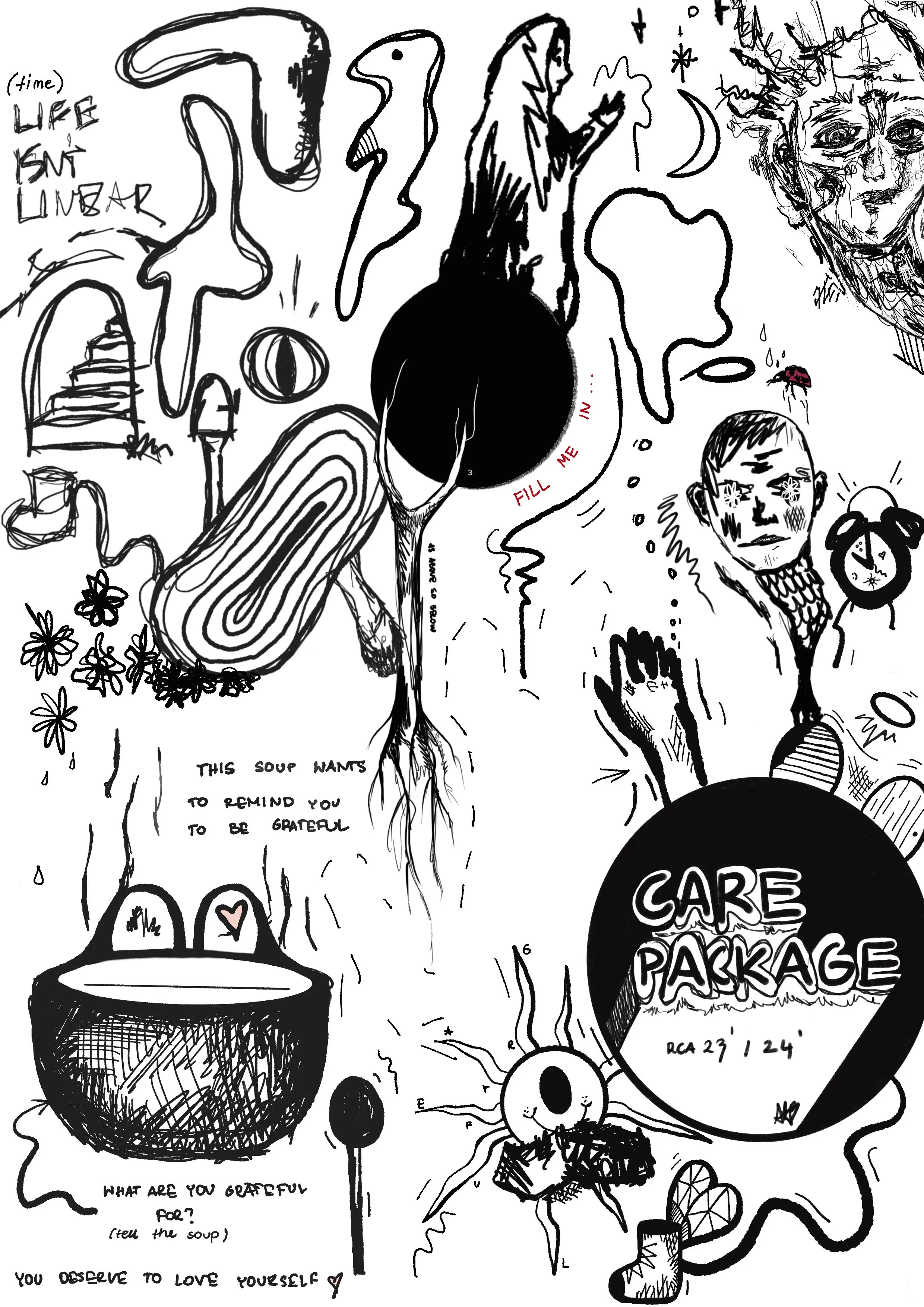 CARE PACKAGE

An illustration made to be colored in and filled out in a collaborative project with my fellow peers. It is aimed to use time as a chance for self care and an aid to healing. 