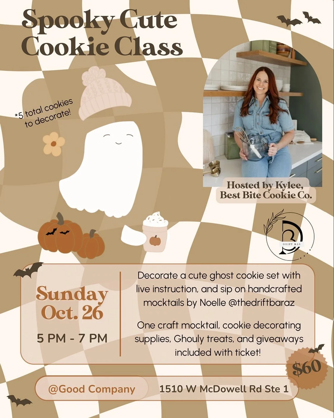 ✨Spooky, Cute Cookie Decorating Class✨

Come decorate this cute ghost platter set (5 cookies) and sip spooky mocktails @thedriftbaraz 

Each attendee will receive cookie supplies and step-by-step instruction, 1 spooky mocktail, ghouly treats, and oth