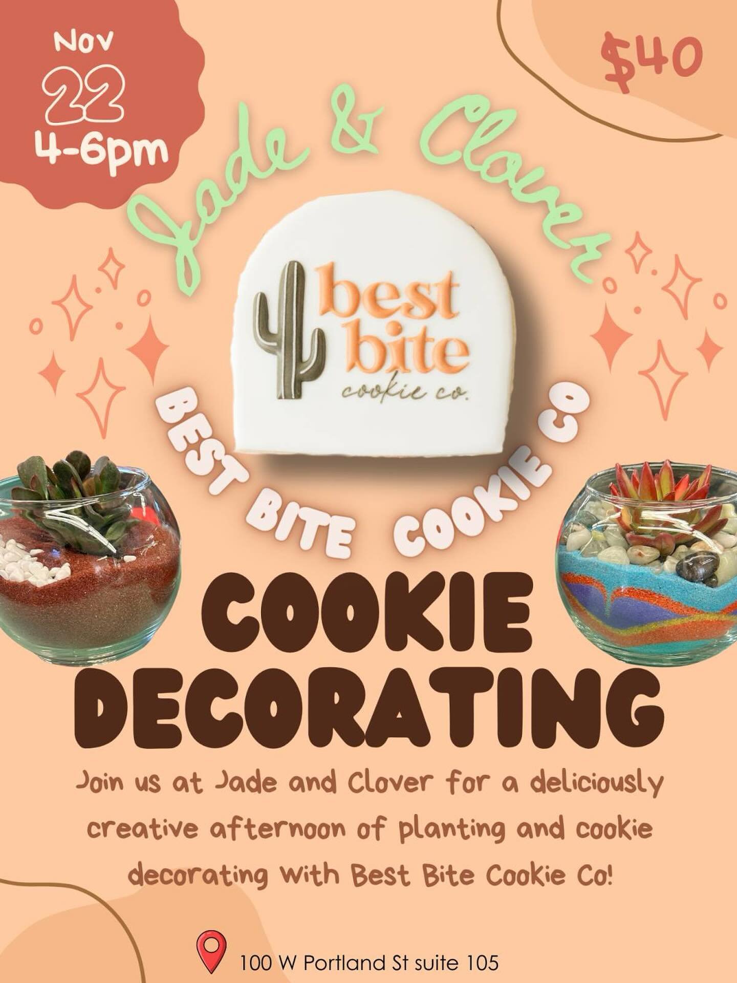 Cookies &amp; Cacti: A Creative Evening at @jadeandcloveraz 

When: Saturday, November 22 | 4:00 PM &ndash; 6:00 PM
Where: 100 W Portland St, Suite 105 &mdash; just off Roosevelt Row
🔗Sign up link in bio!

Start the evening with a cookie decorating 