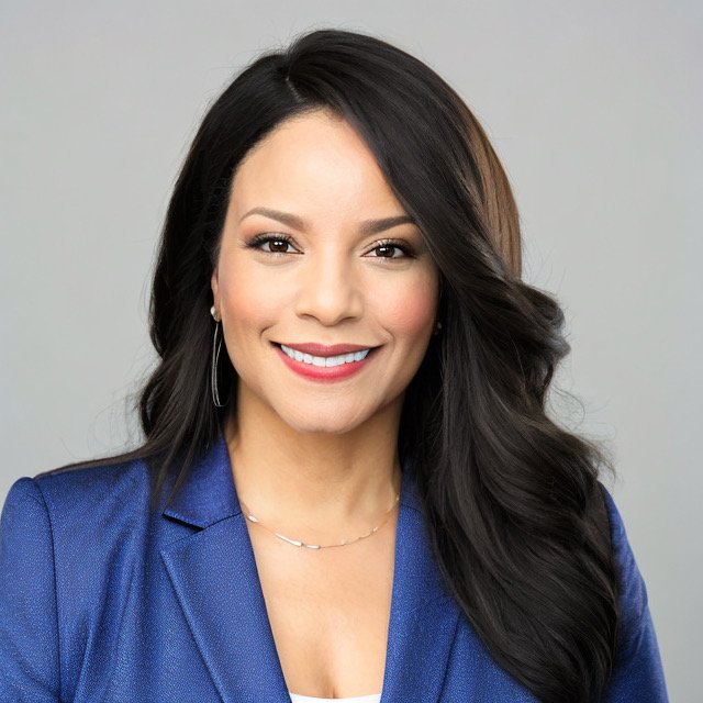 A woman with long, dark hair and a bright smile, wearing a blue blazer and gold jewelry, posing against a gray background.