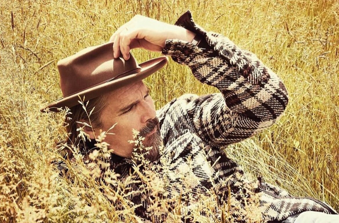proud shirt dad moment. Ethan Hawke in a field in our overshirt.