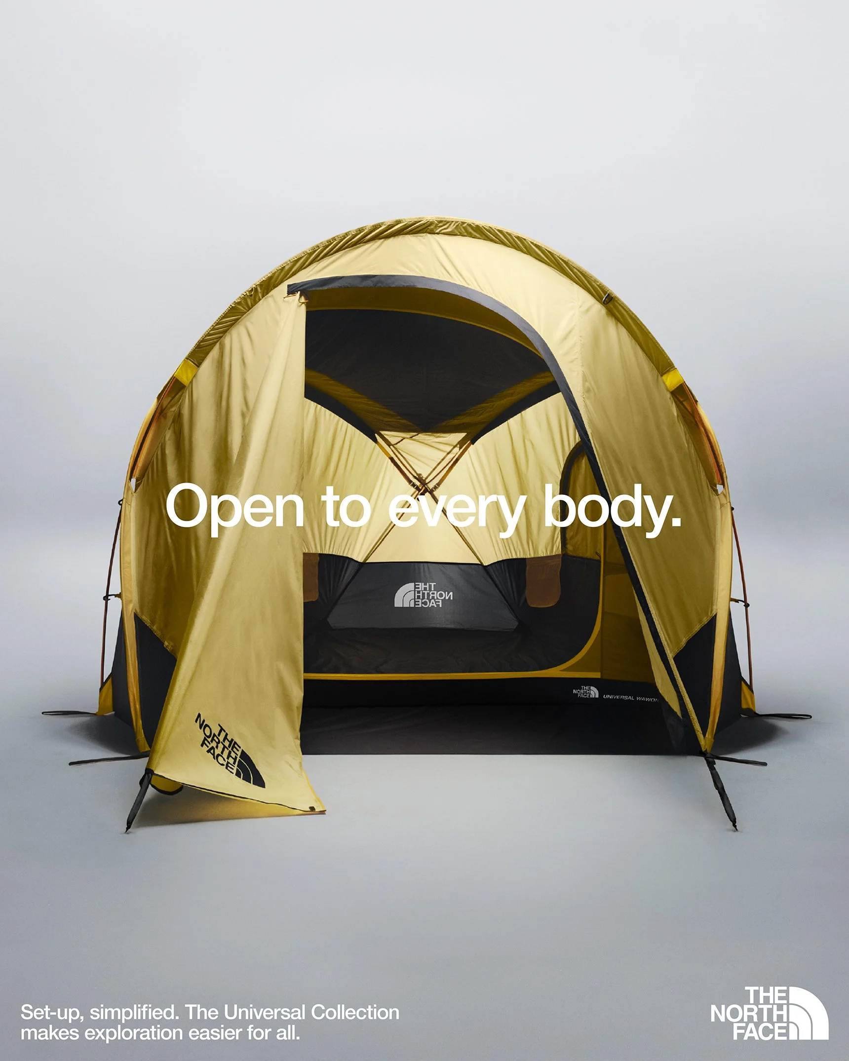 A yellow and grey The North Face tent against a gradient background with the overlayed text 'Set up. Simplified. The Universal Collection makes exploration easier for all.'
