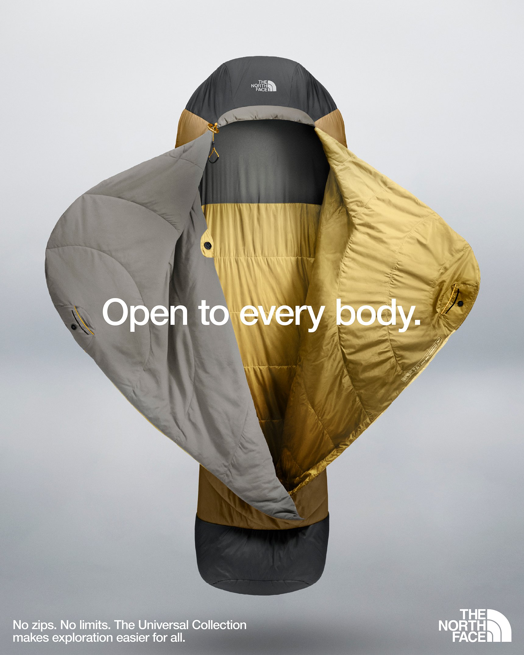 A yellow and gray The North Face sleeping bag floating against a gradient background with the overlayed text 'No zips. No limits. The Universal Collection makes exploration easier for all.'