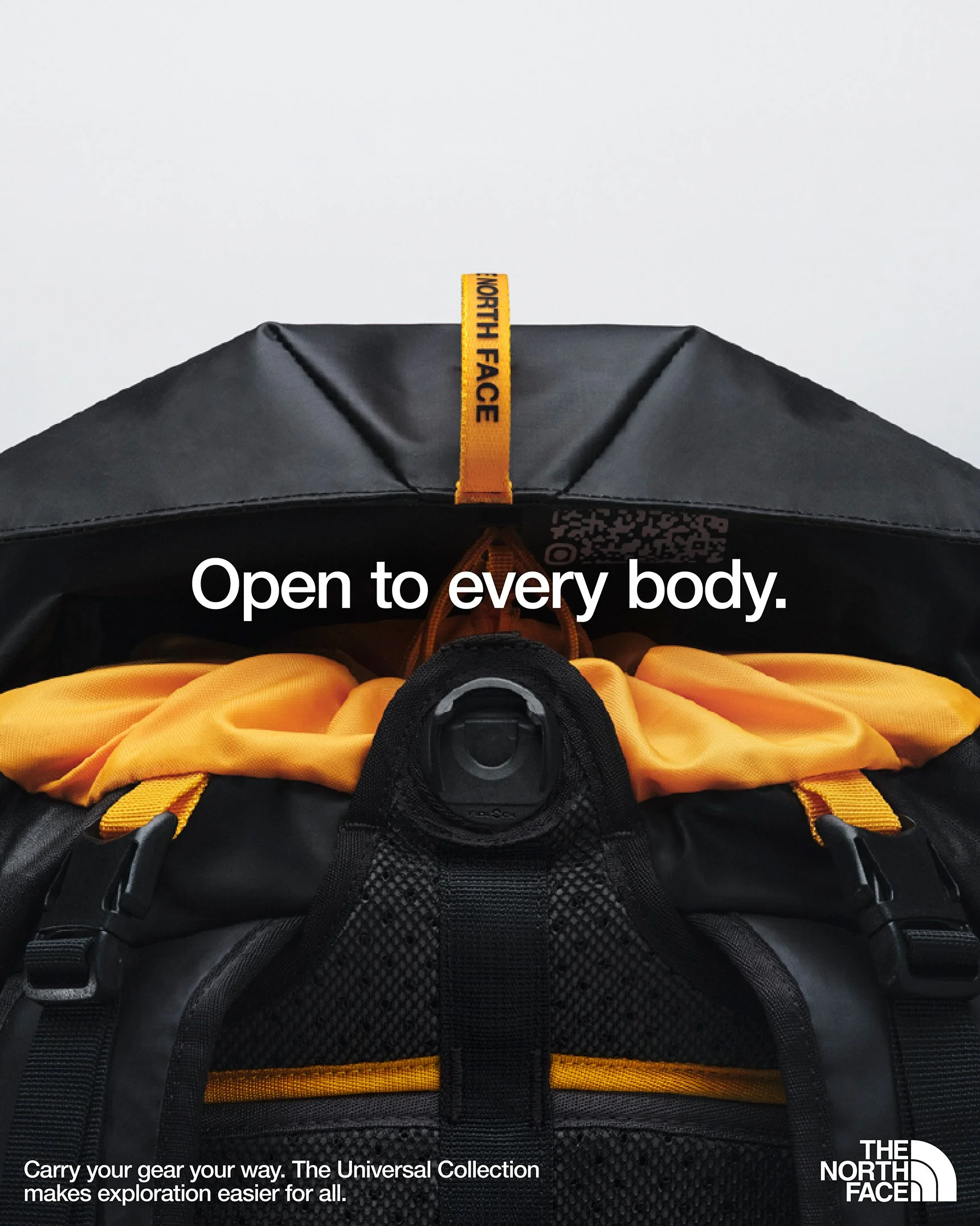 A black and orange The North Face backpack against a gradient background with the overlayed text 'Carry your gear your way. The Universal Collection makes exploration easier for all.'