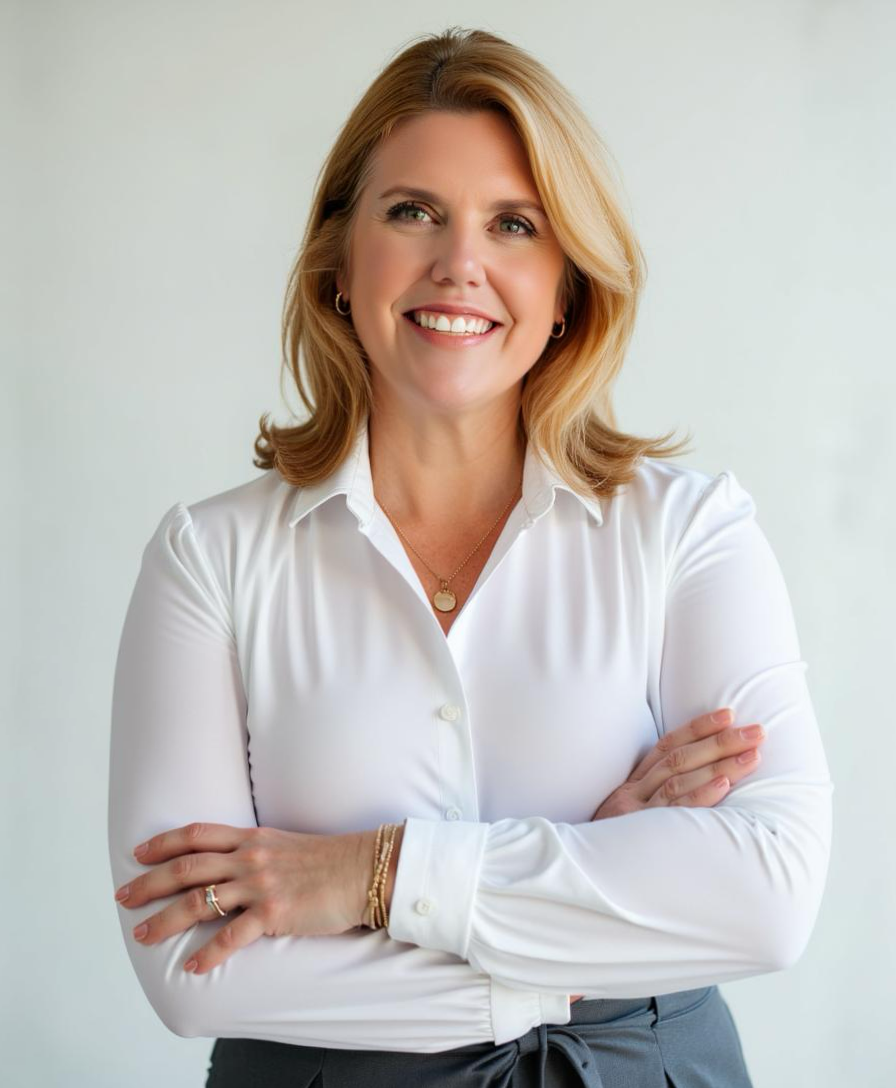 Portrait of a smiling woman with blonde hair wearing a white blouse, gray pants, and jewelry, standing with arms crossed against a plain background.