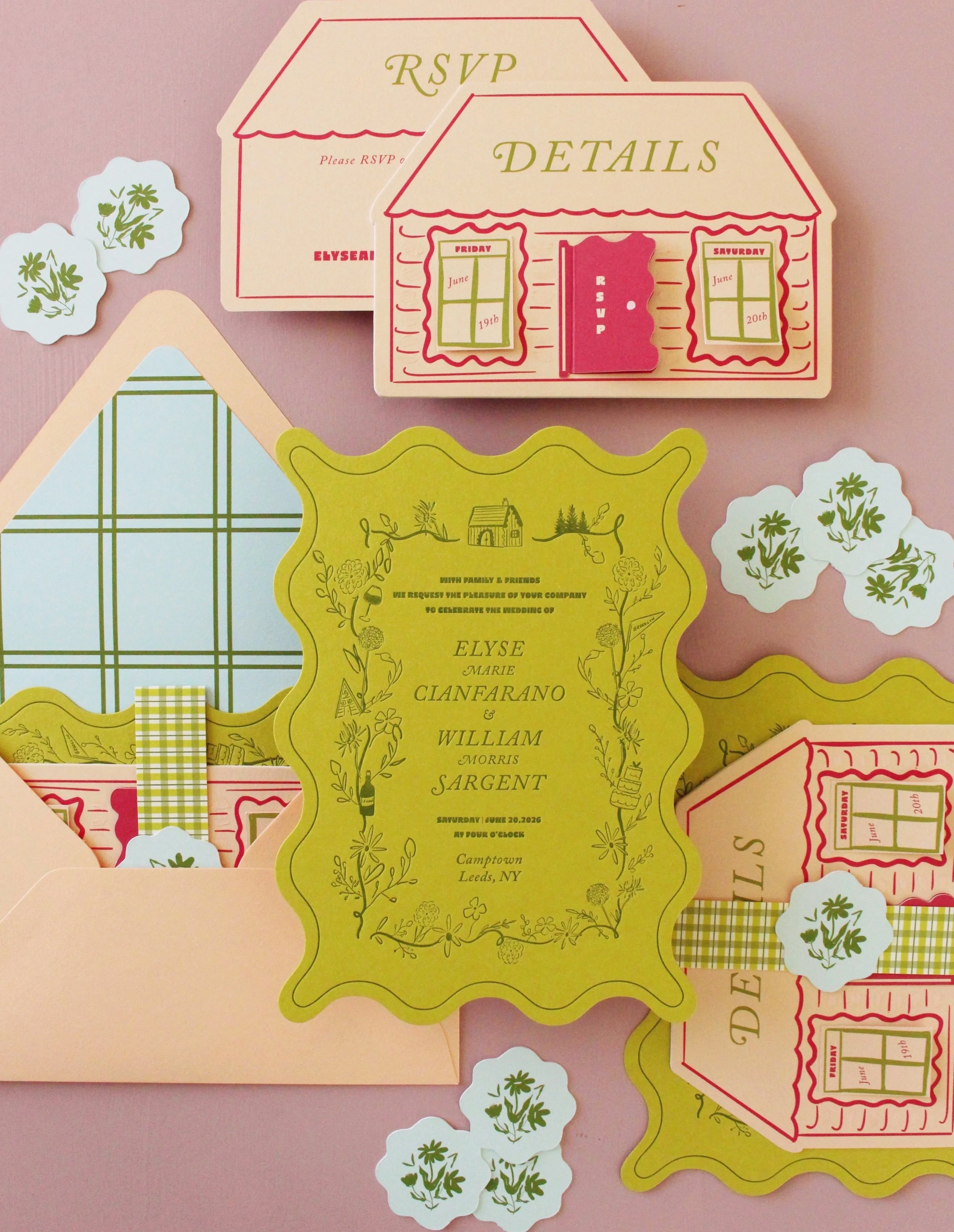 Wavy wedding invitation with flower border and plaid details