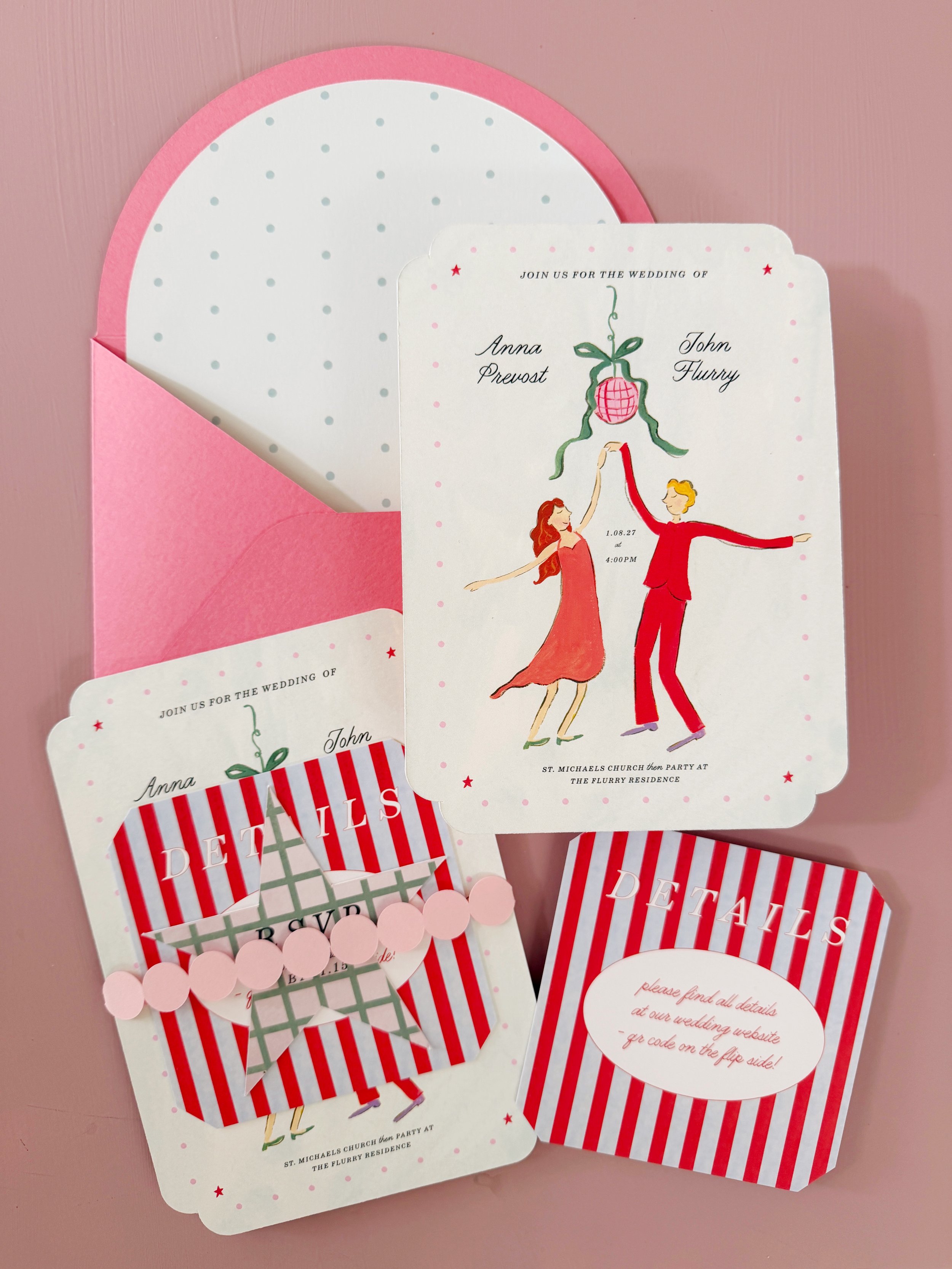 illustrated wedding couple dancing on wedding invitation with stripes and polka dots